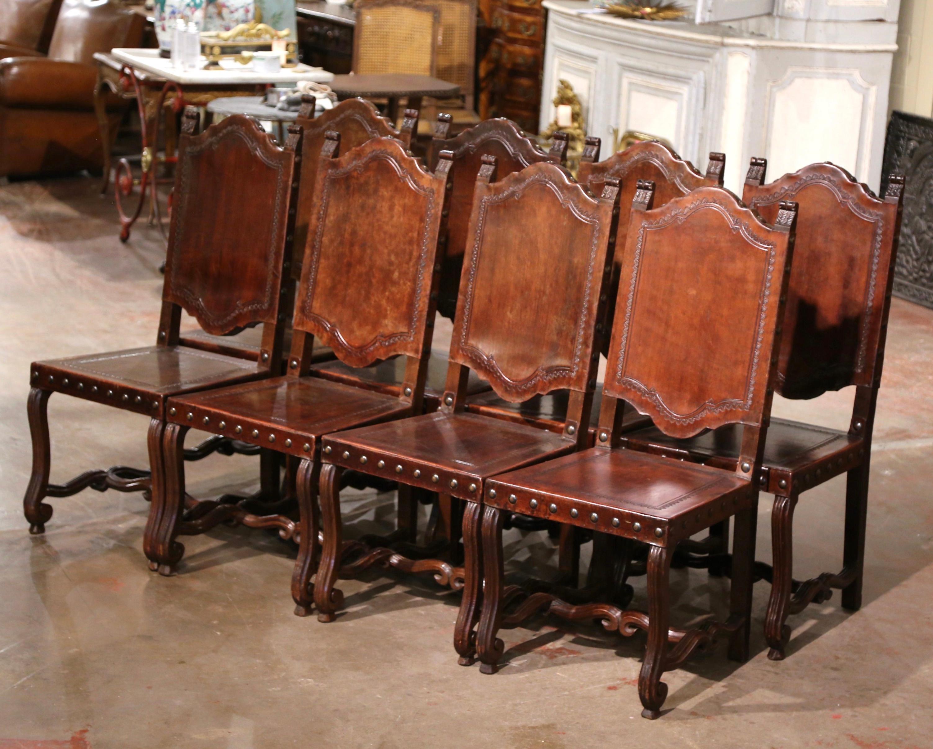  19th Century Spanish Carved Walnut Chairs with Embossed Leather, Set of Eight In Excellent Condition In Dallas, TX
