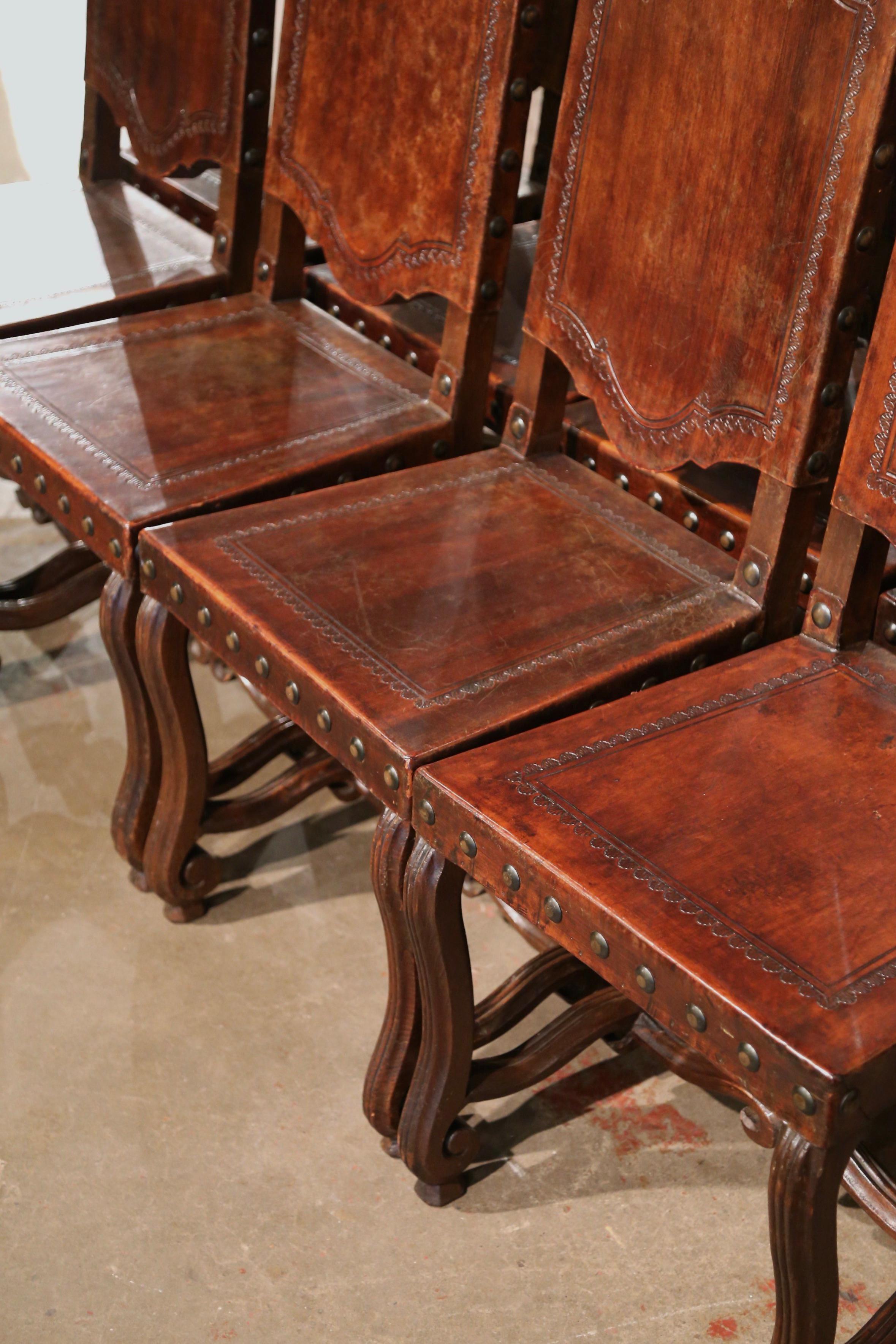  19th Century Spanish Carved Walnut Chairs with Embossed Leather, Set of Eight 1
