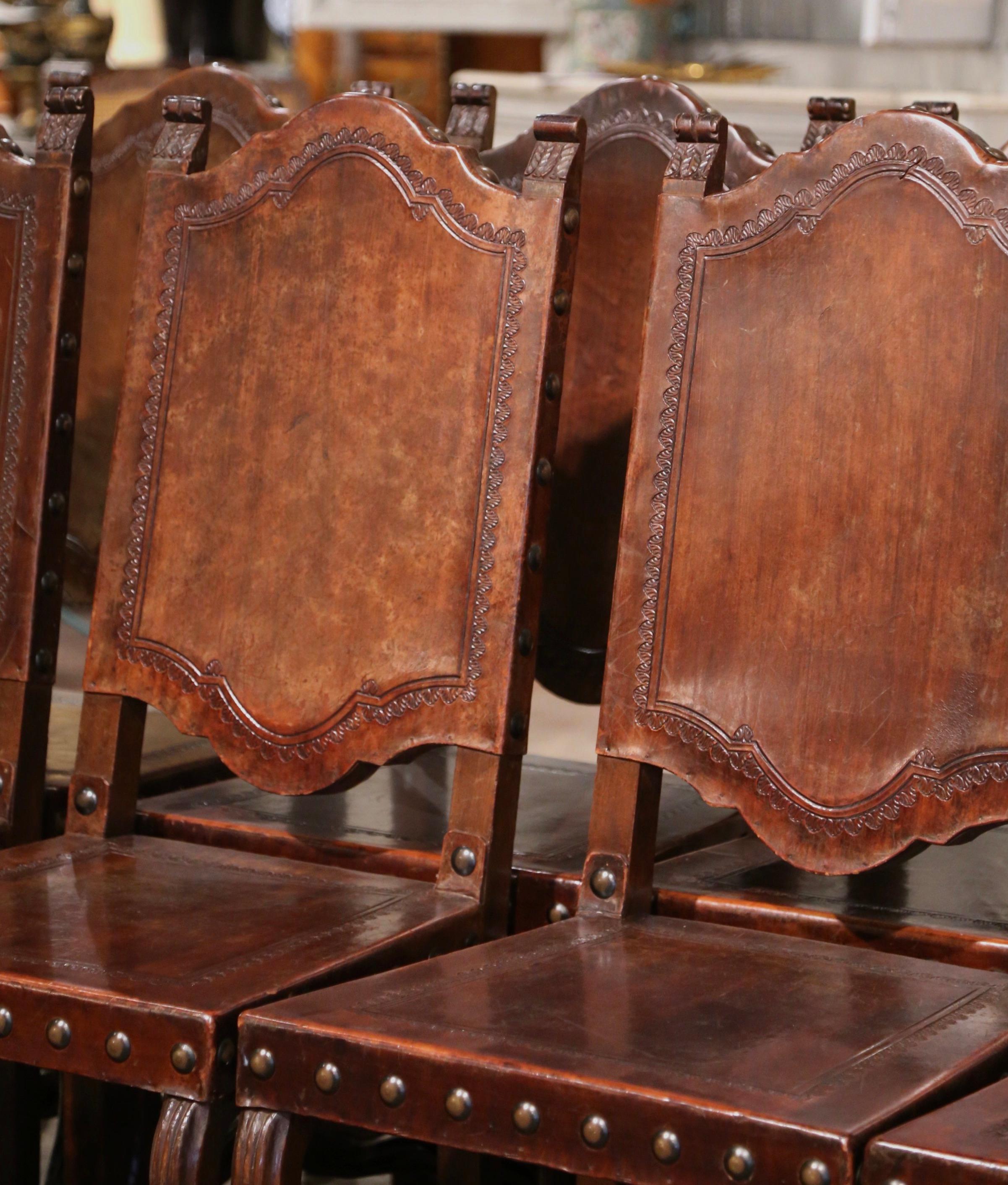  19th Century Spanish Carved Walnut Chairs with Embossed Leather, Set of Eight 2