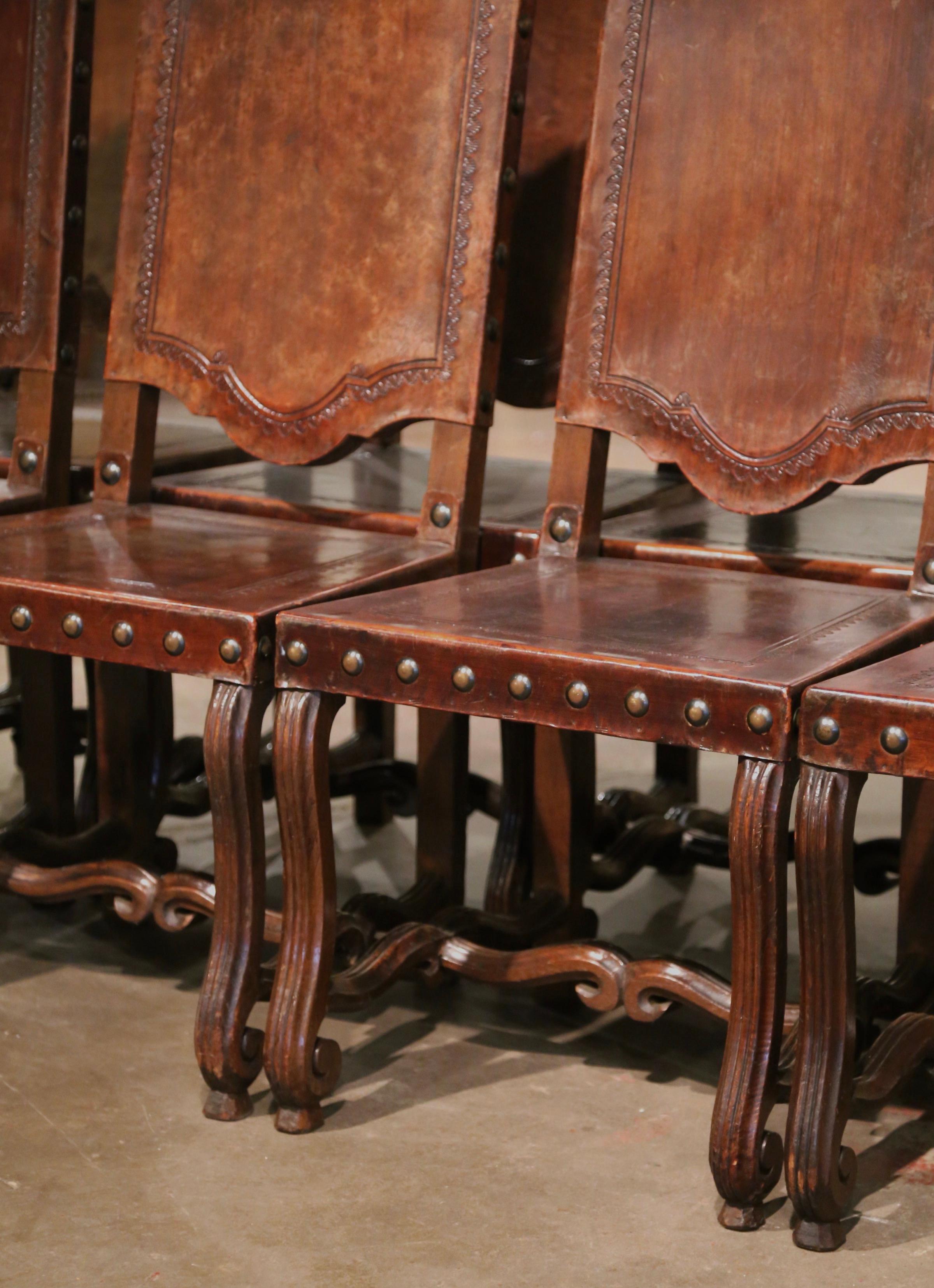  19th Century Spanish Carved Walnut Chairs with Embossed Leather, Set of Eight 3