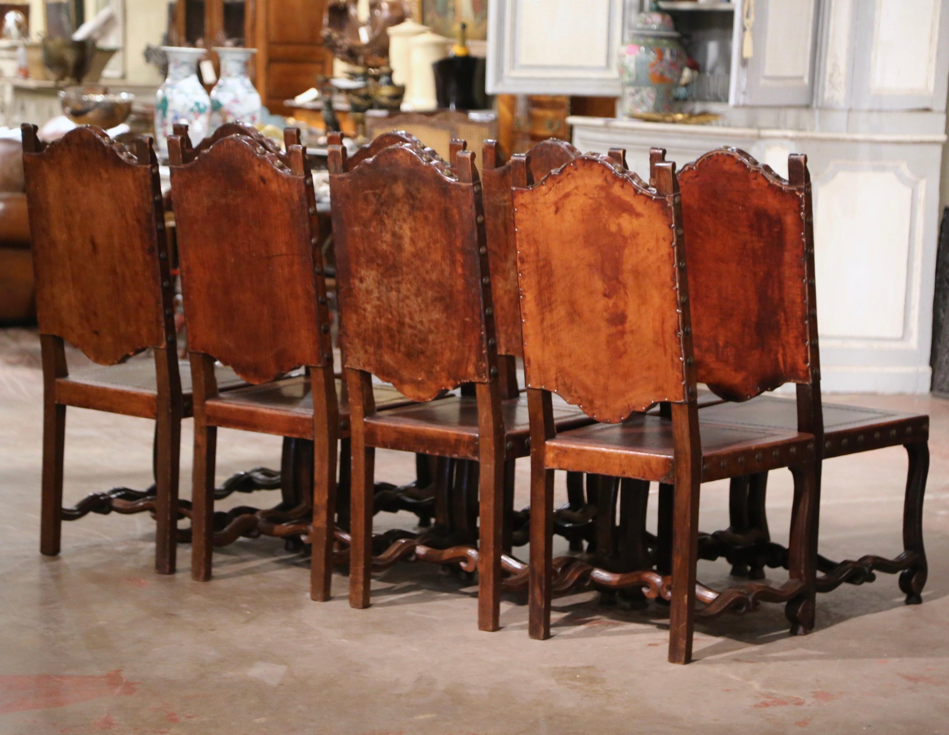  19th Century Spanish Carved Walnut Chairs with Embossed Leather, Set of Eight 4