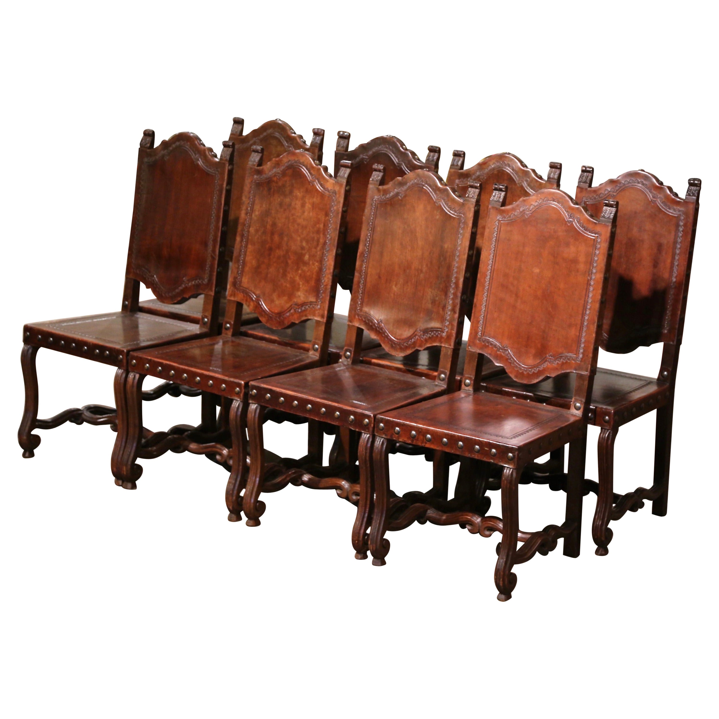 19th Century Spanish Carved Walnut Chairs with Embossed Leather, Set of Eight
