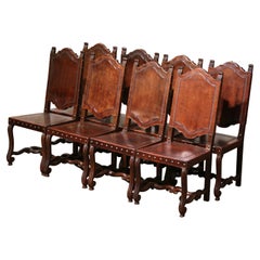 19th Century Spanish Carved Walnut Chairs with Embossed Leather, Set of Eight