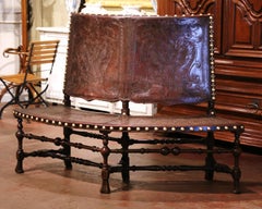 19th Century Spanish Carved Walnut Curved Six-Leg Bench with Embossed Leather