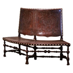 19th Century Spanish Carved Walnut Curved Six-Leg Bench with Embossed Leather