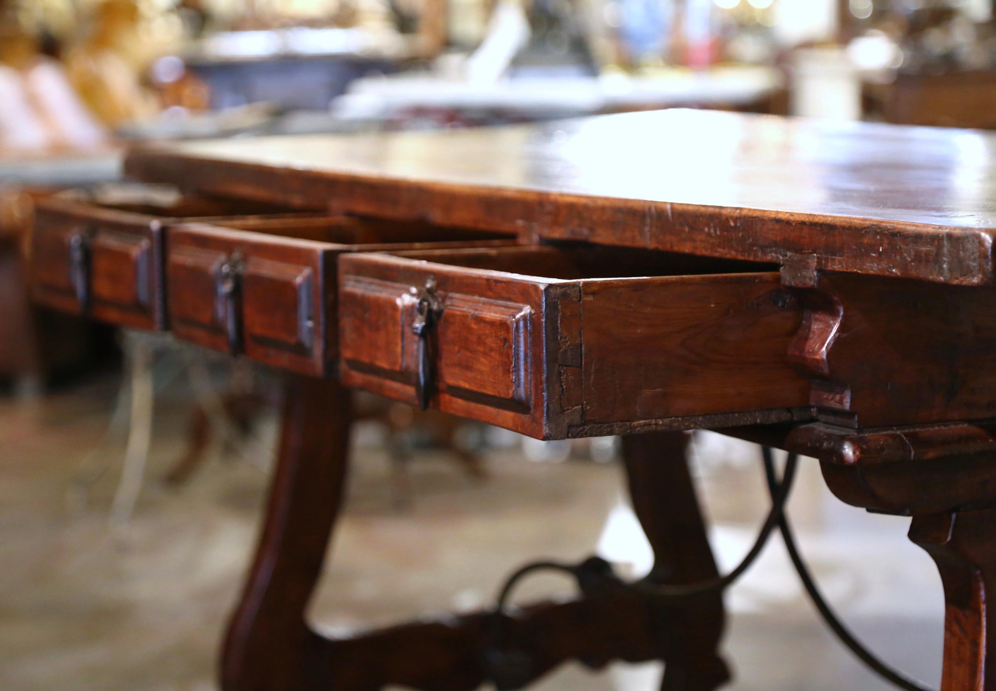 19th Century Spanish Carved Walnut & Iron Desk Table with Single Plank Top 4