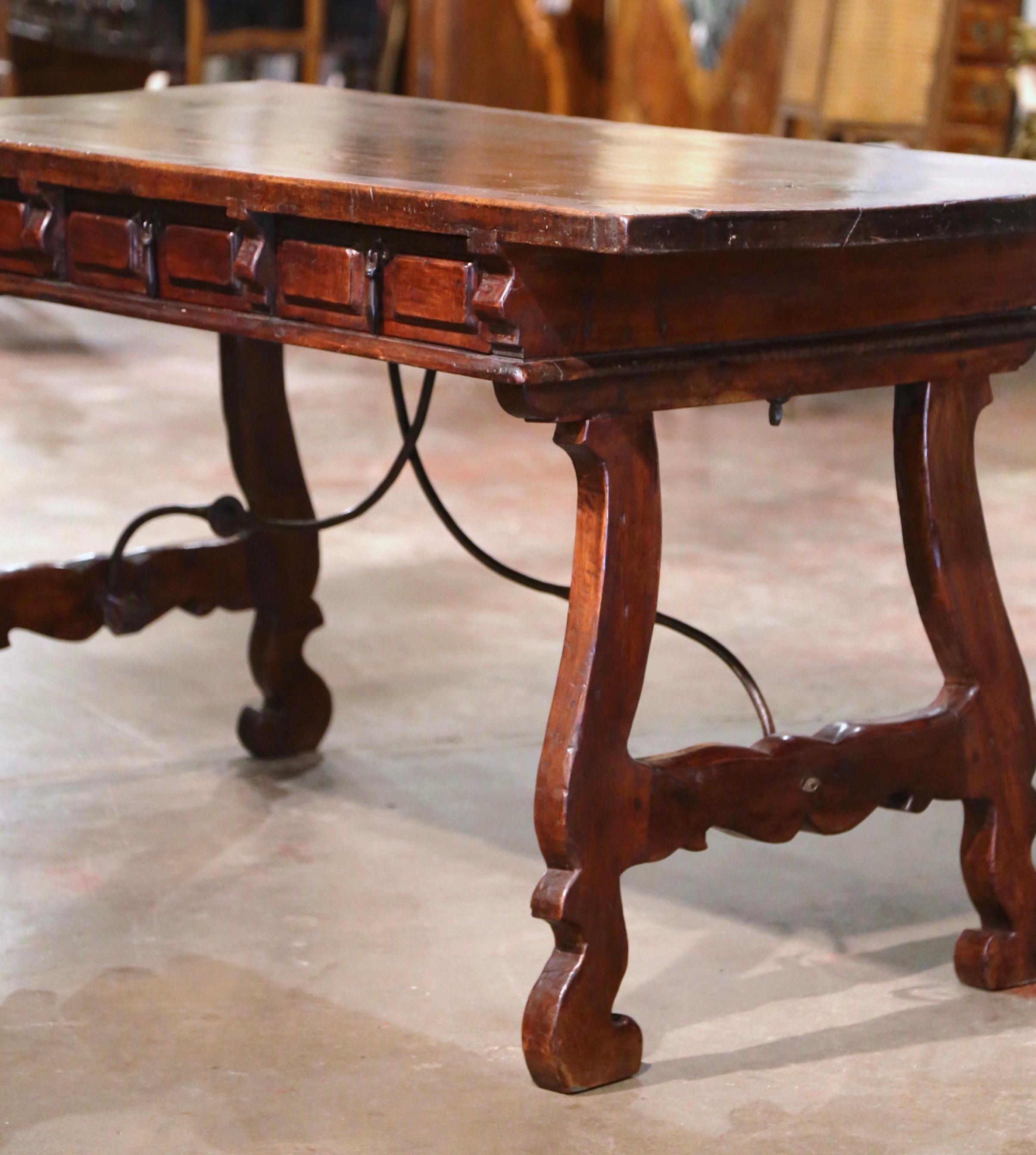 19th Century Spanish Carved Walnut & Iron Desk Table with Single Plank Top 5