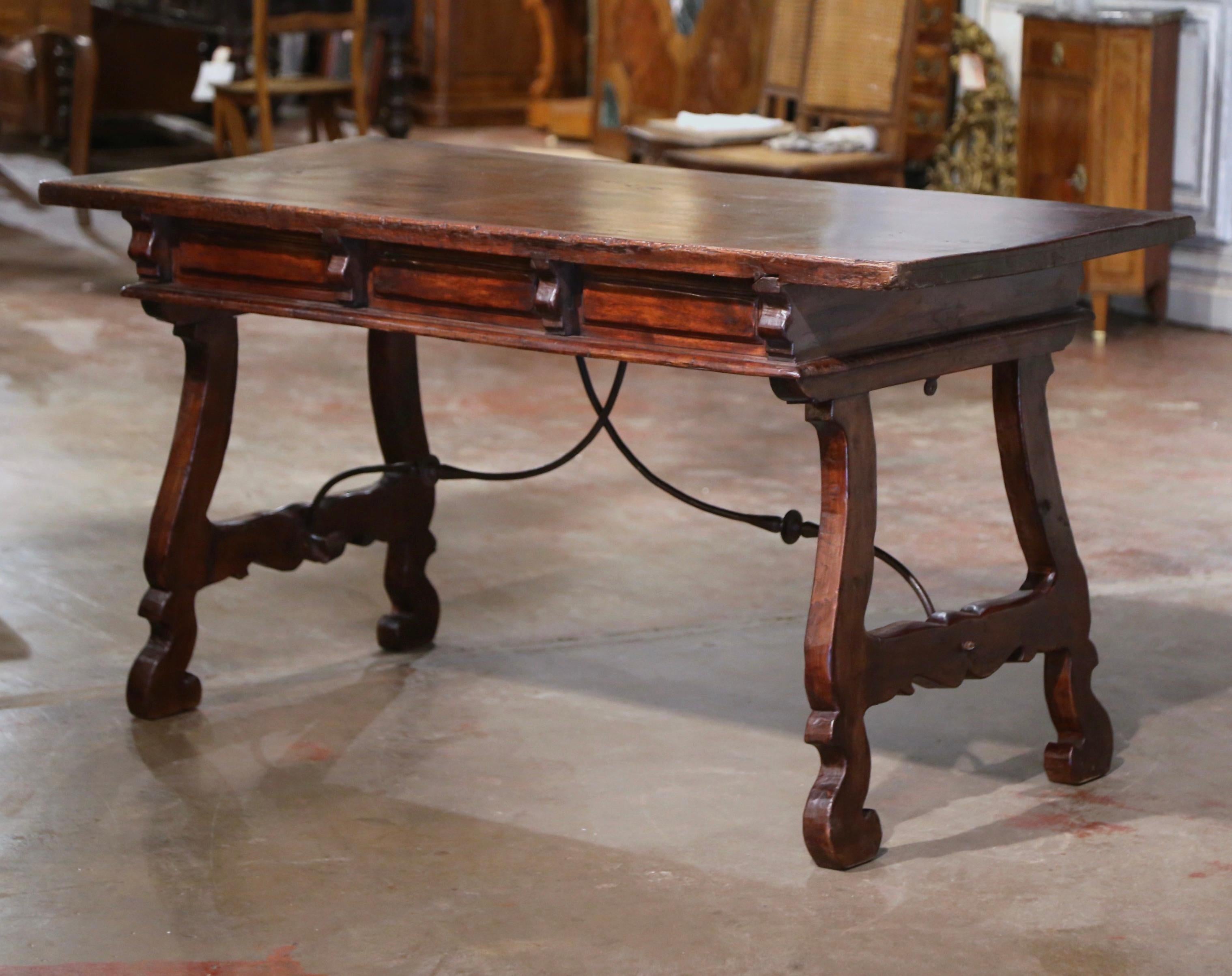 19th Century Spanish Carved Walnut & Iron Desk Table with Single Plank Top 8