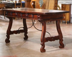 19th Century Spanish Carved Walnut & Iron Desk Table with Single Plank Top