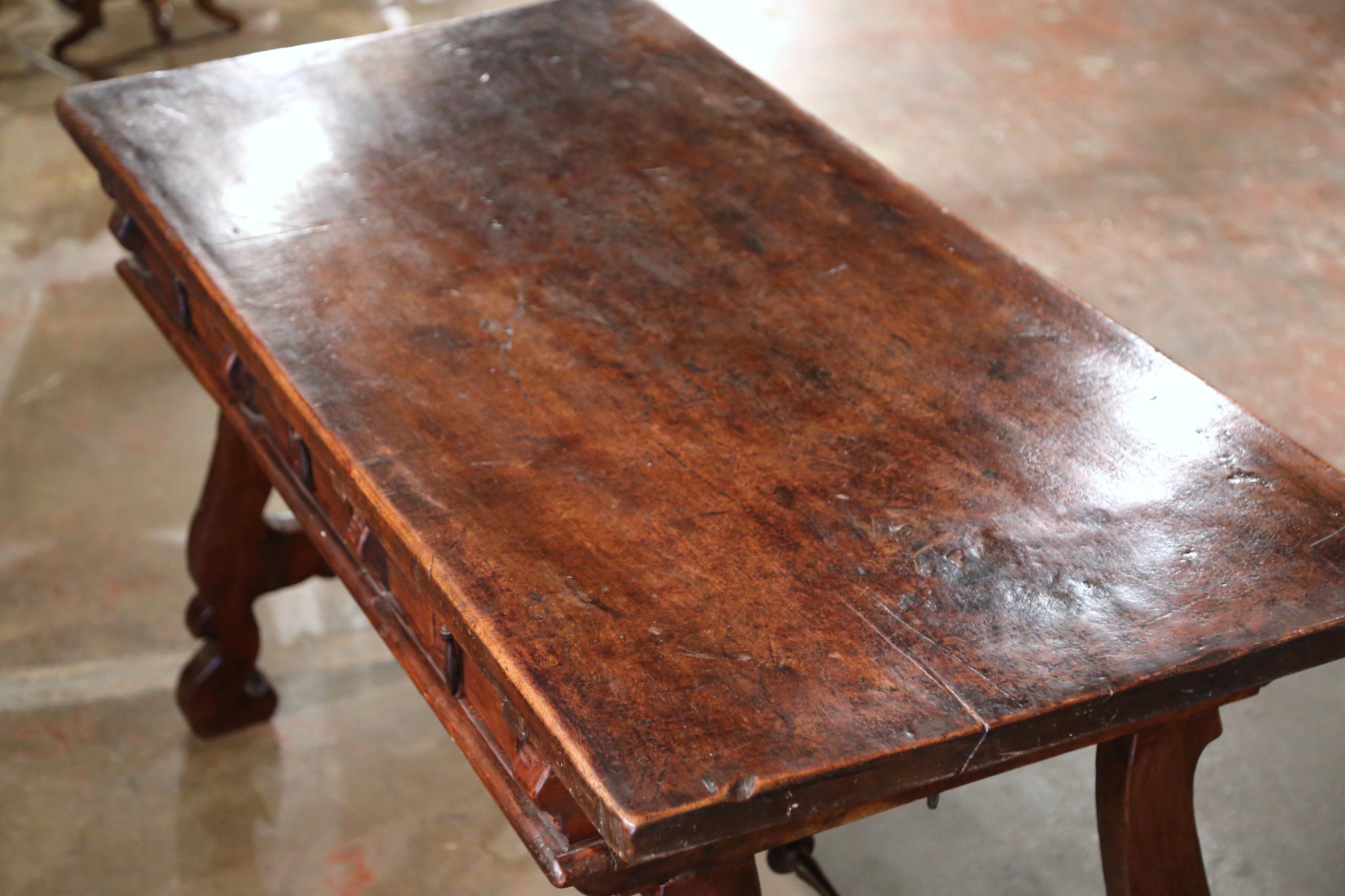 Louis XIII 19th Century Spanish Carved Walnut & Iron Desk Table with Single Plank Top