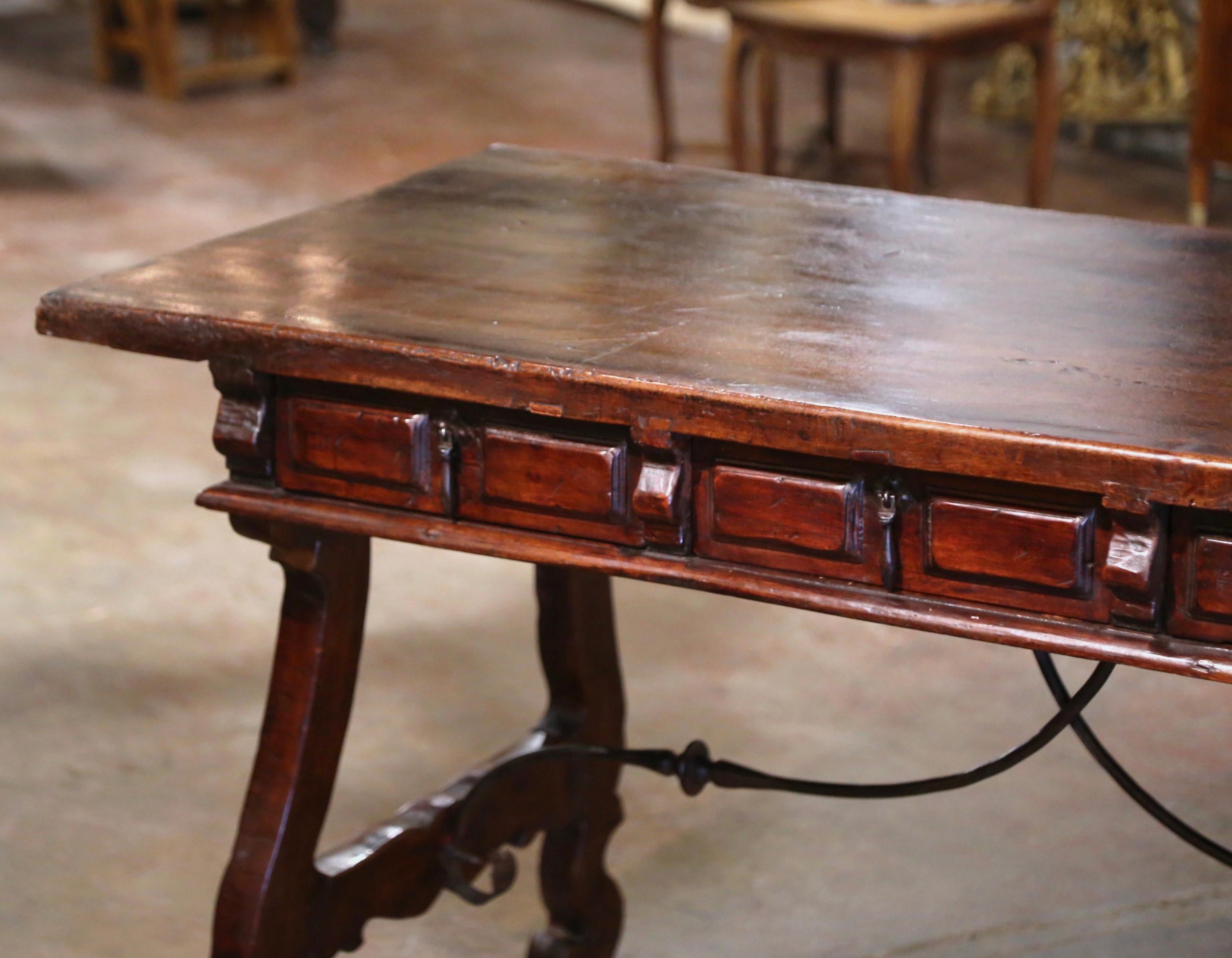 Hand-Carved 19th Century Spanish Carved Walnut & Iron Desk Table with Single Plank Top