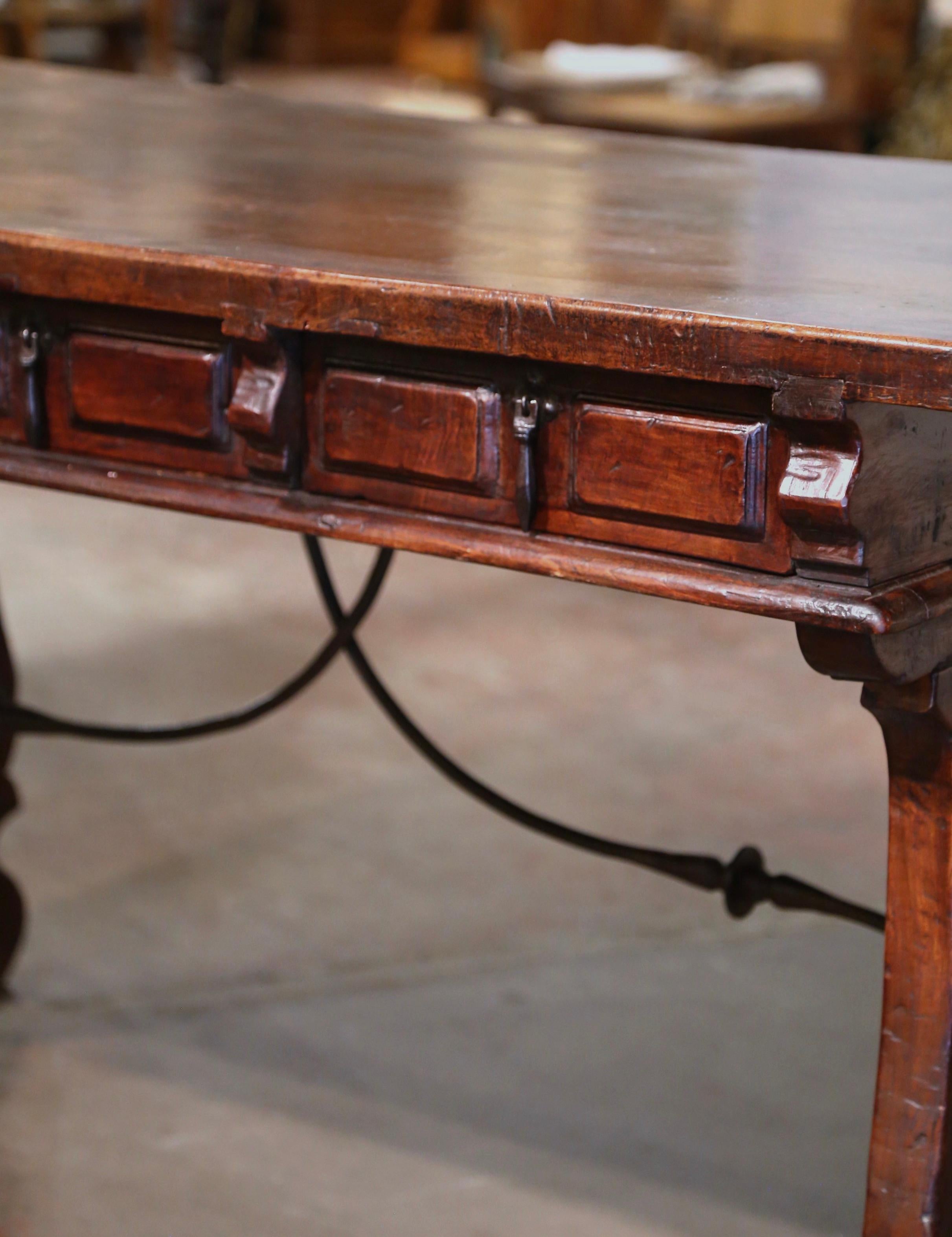 19th Century Spanish Carved Walnut & Iron Desk Table with Single Plank Top In Excellent Condition In Dallas, TX