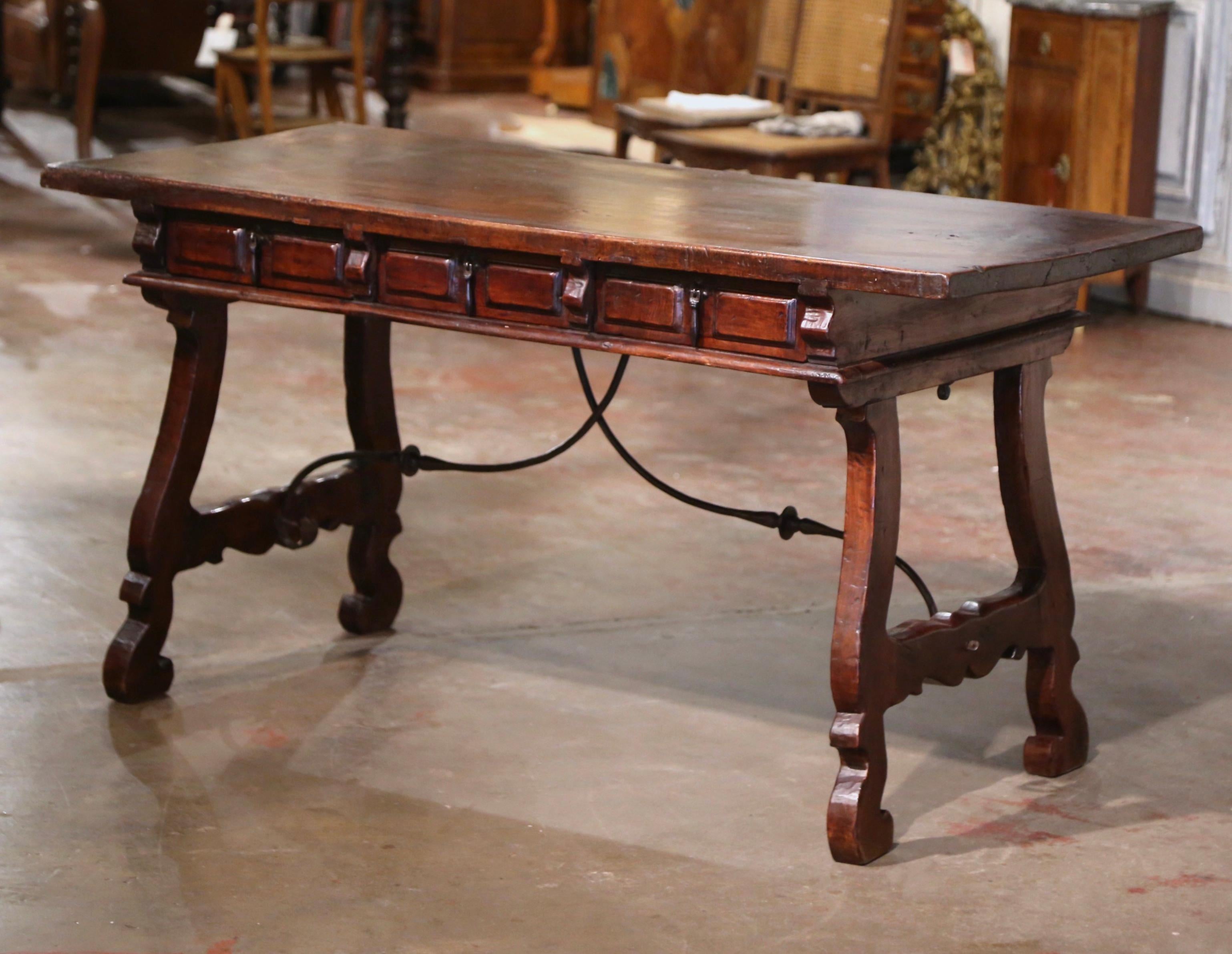 Wrought Iron 19th Century Spanish Carved Walnut & Iron Desk Table with Single Plank Top