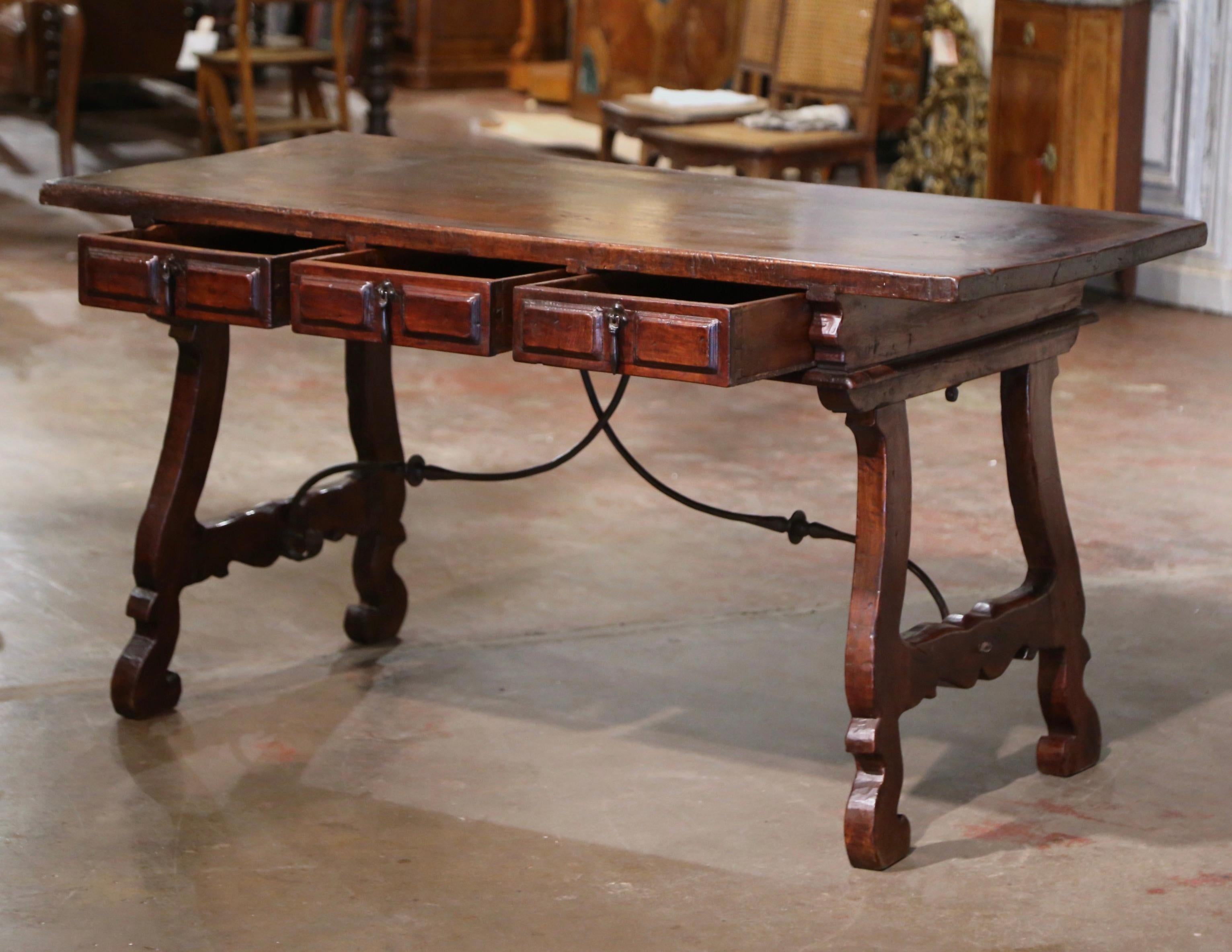 19th Century Spanish Carved Walnut & Iron Desk Table with Single Plank Top 2