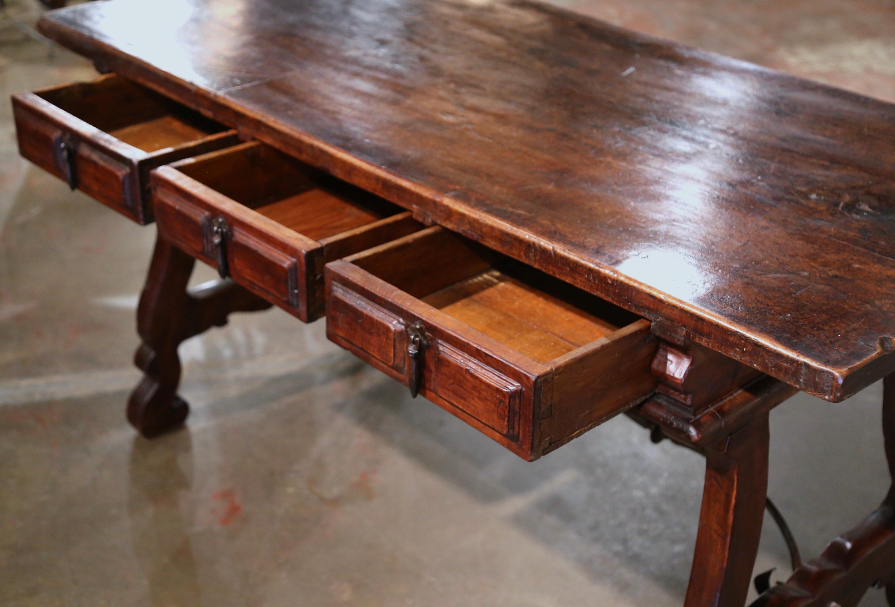 19th Century Spanish Carved Walnut & Iron Desk Table with Single Plank Top 3