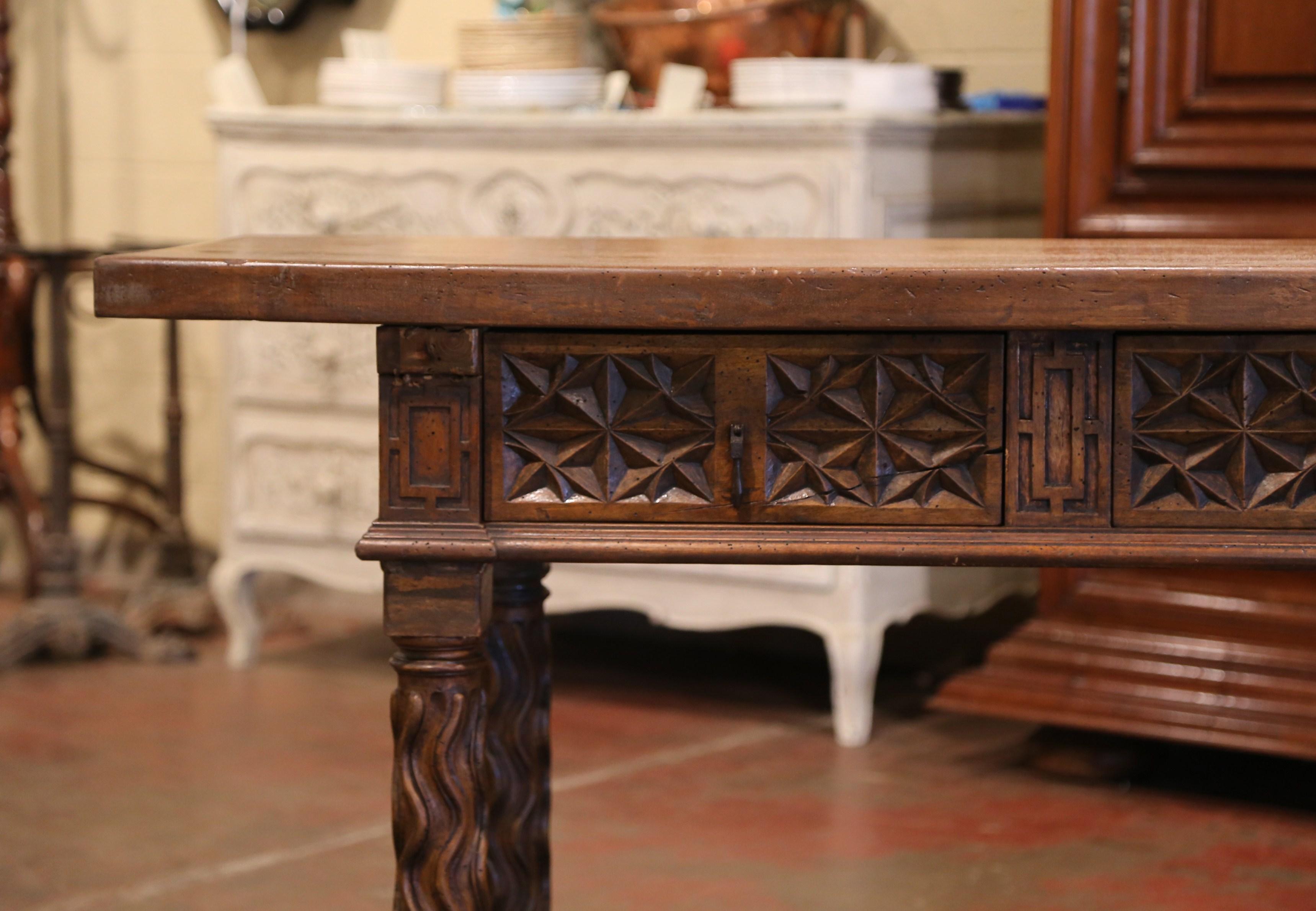 19th Century Spanish Carved Walnut Six-Leg Console Sofa Table with Drawers 5