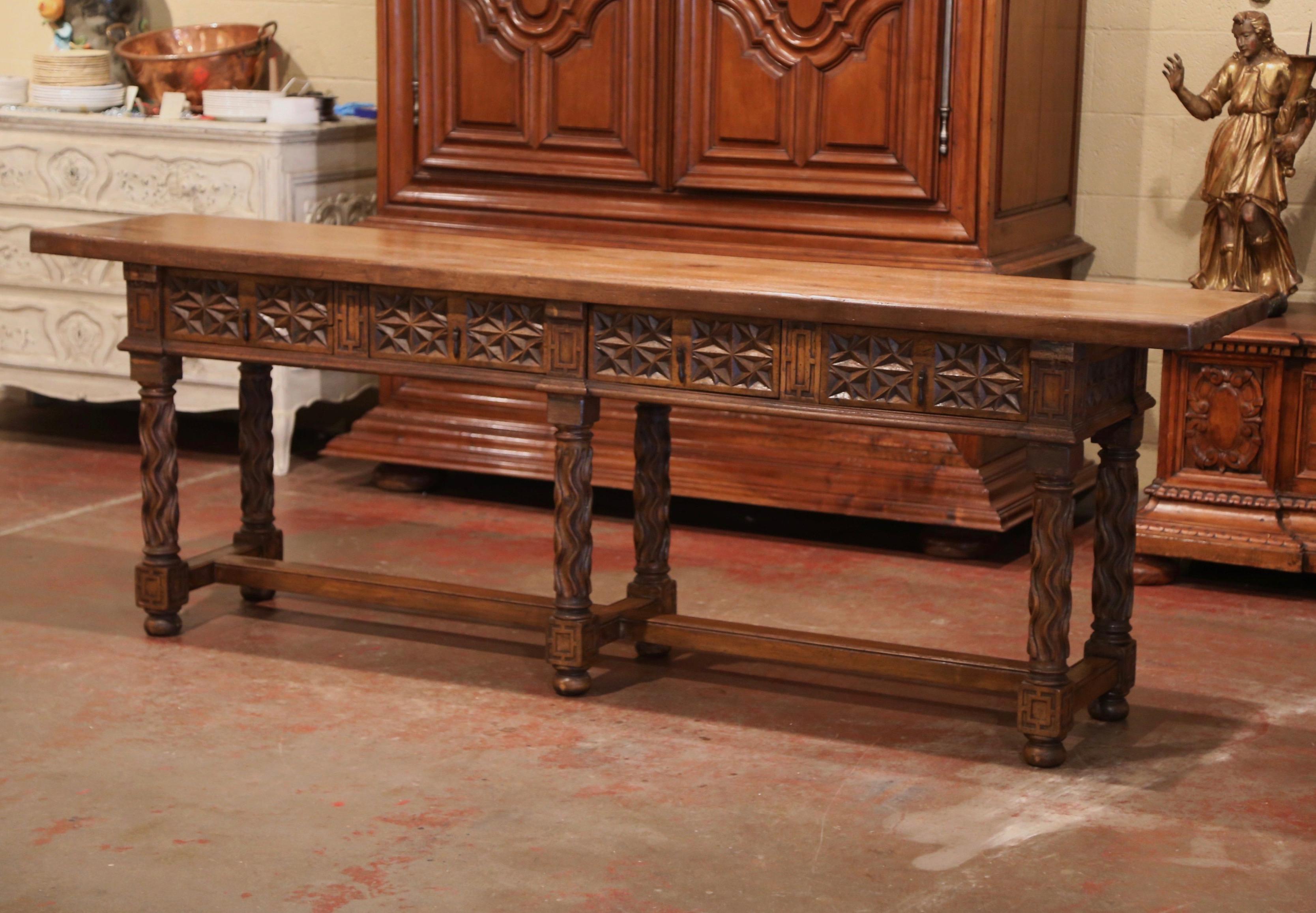 19th Century Spanish Carved Walnut Six-Leg Console Sofa Table with Drawers 6