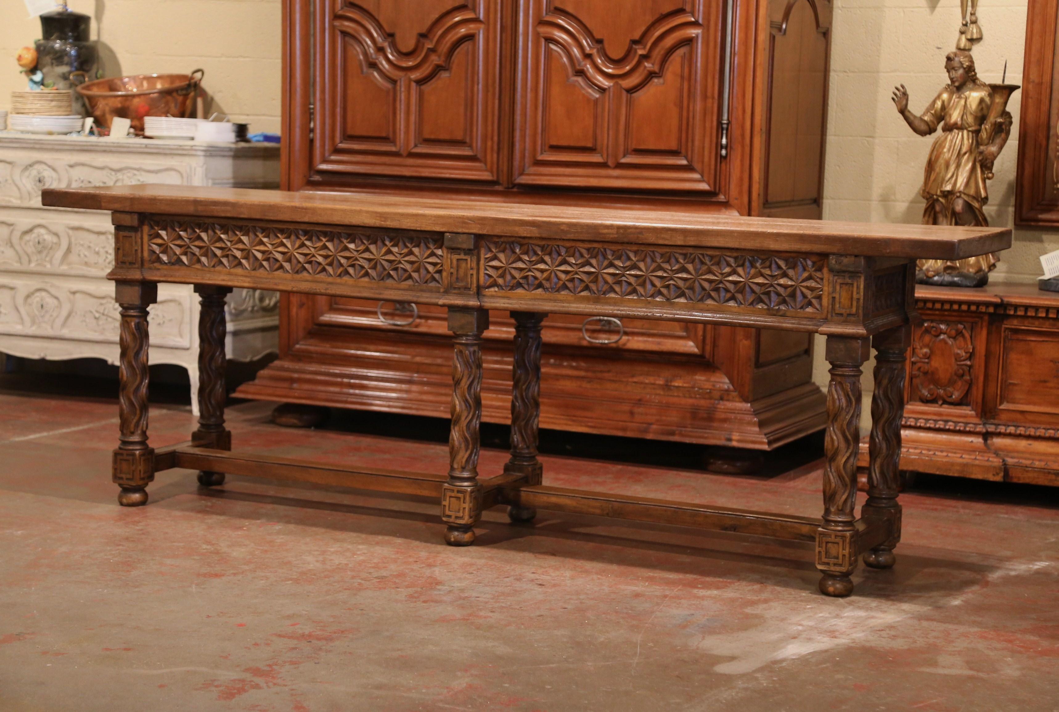 19th Century Spanish Carved Walnut Six-Leg Console Sofa Table with Drawers 7