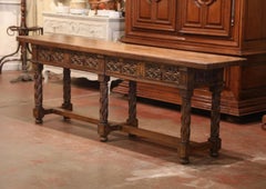 19th Century Spanish Carved Walnut Six-Leg Console Sofa Table with Drawers