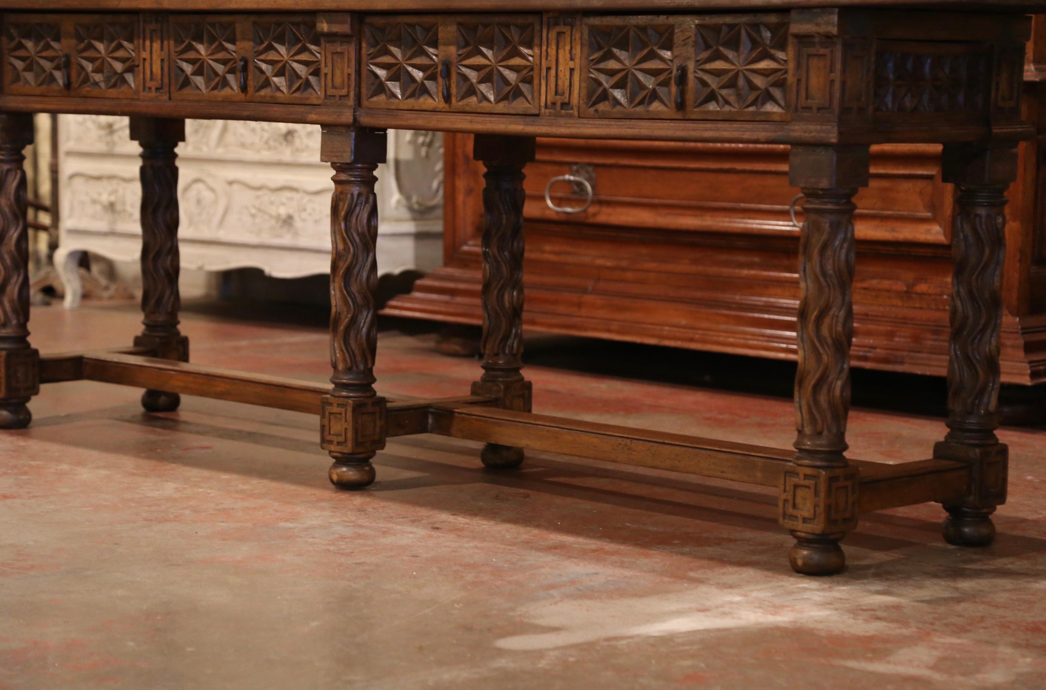 Patinated 19th Century Spanish Carved Walnut Six-Leg Console Sofa Table with Drawers