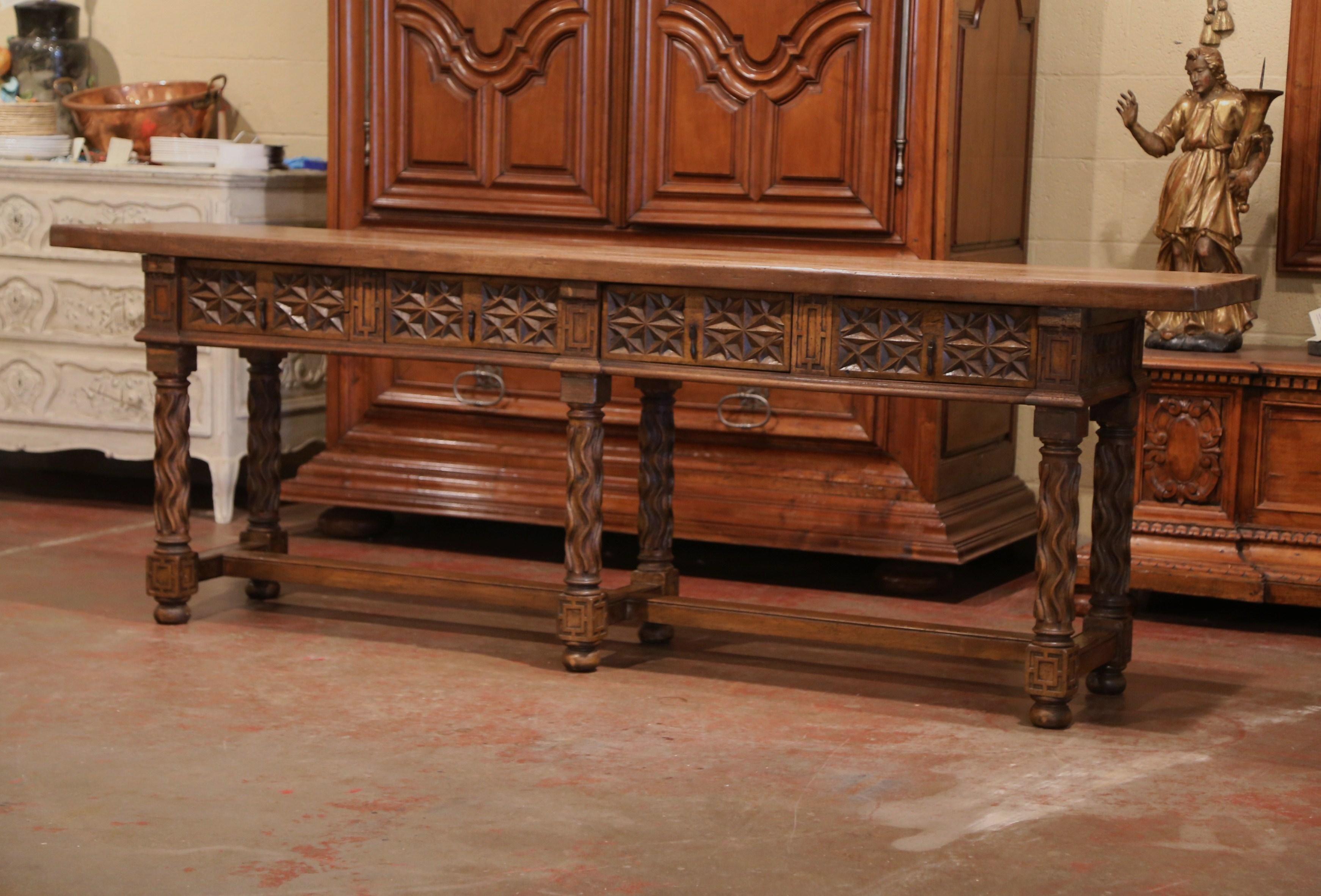 19th Century Spanish Carved Walnut Six-Leg Console Sofa Table with Drawers In Excellent Condition In Dallas, TX