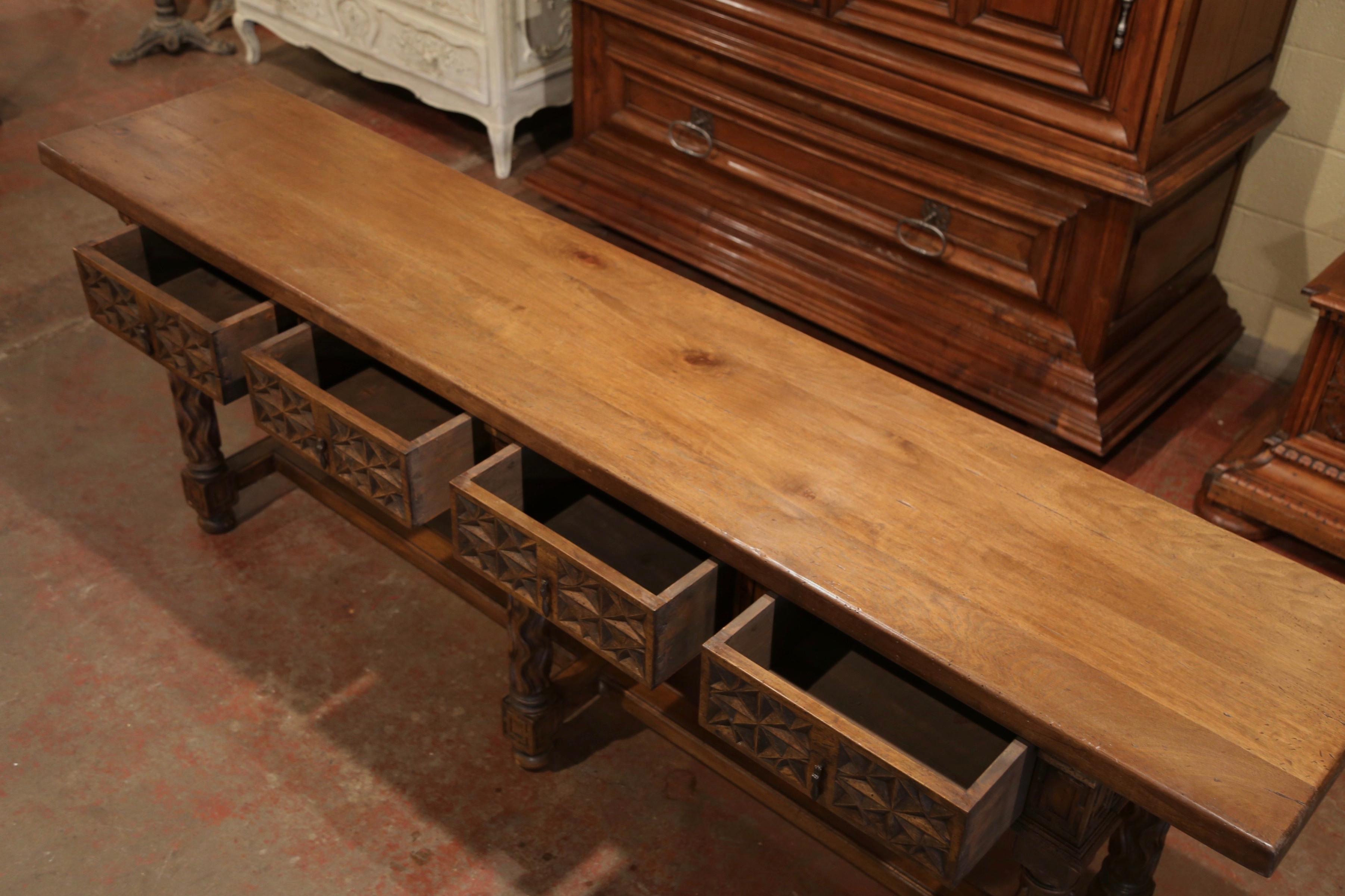 19th Century Spanish Carved Walnut Six-Leg Console Sofa Table with Drawers 3