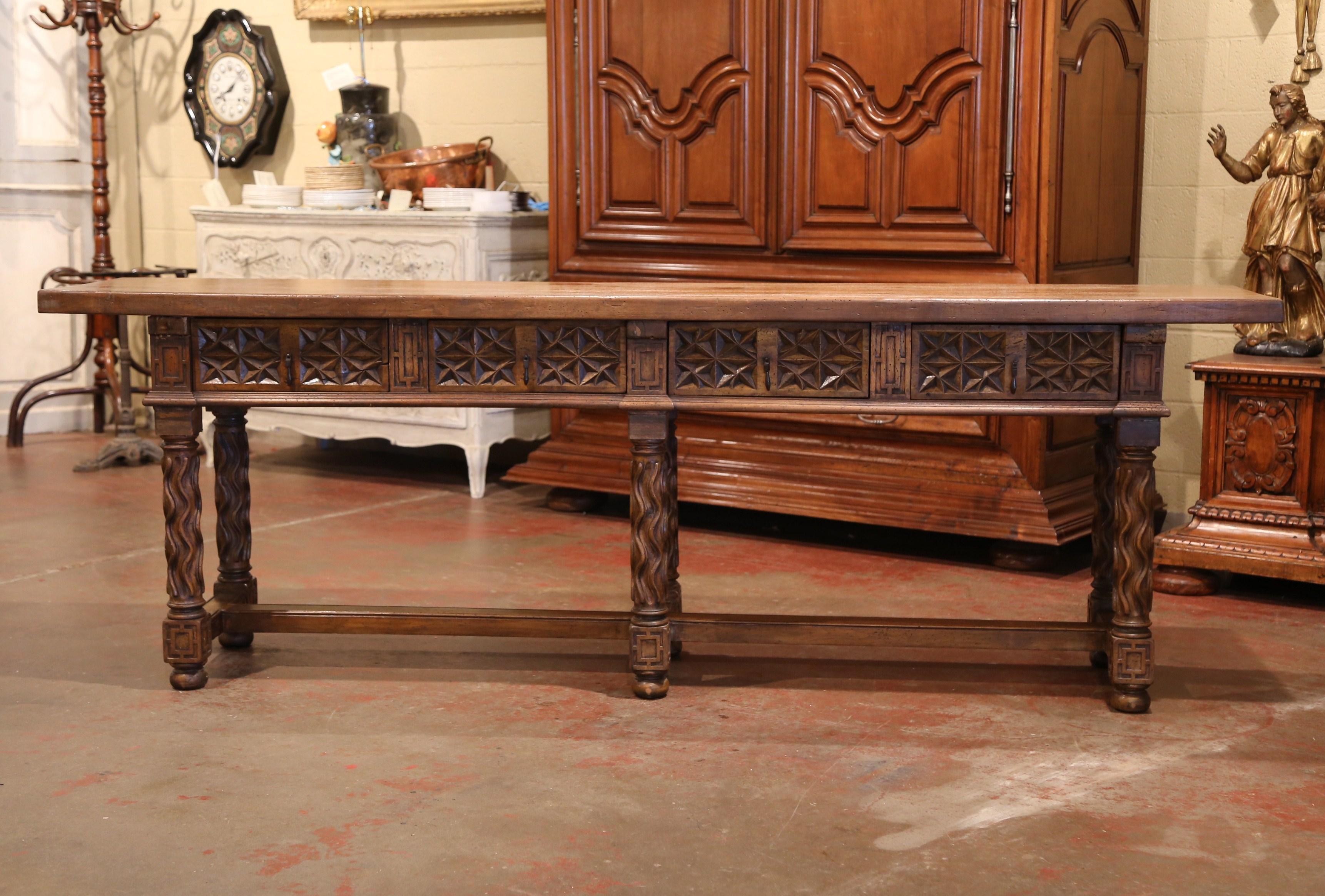 19th Century Spanish Carved Walnut Six-Leg Console Sofa Table with Drawers 4