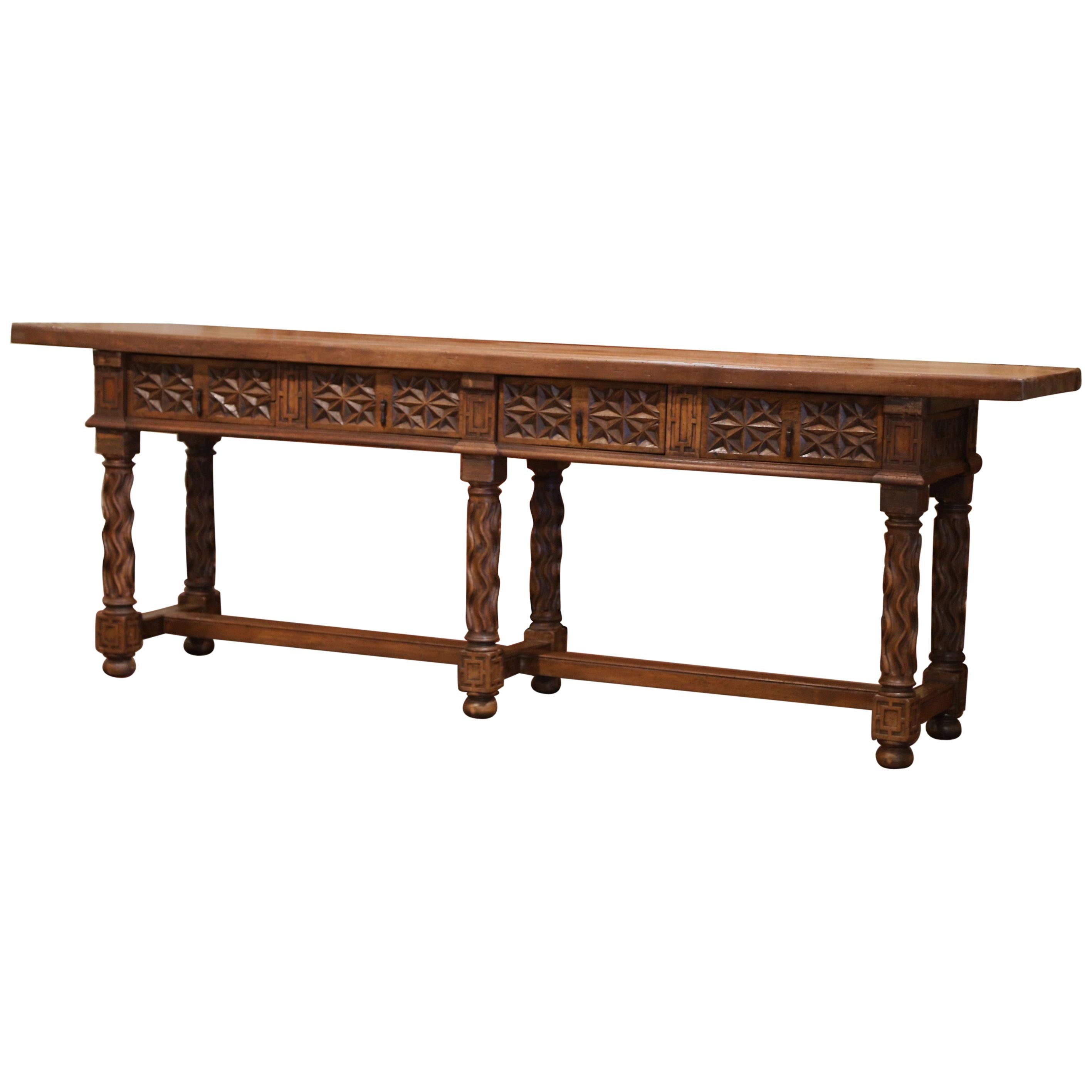19th Century Spanish Carved Walnut Six-Leg Console Sofa Table with Drawers