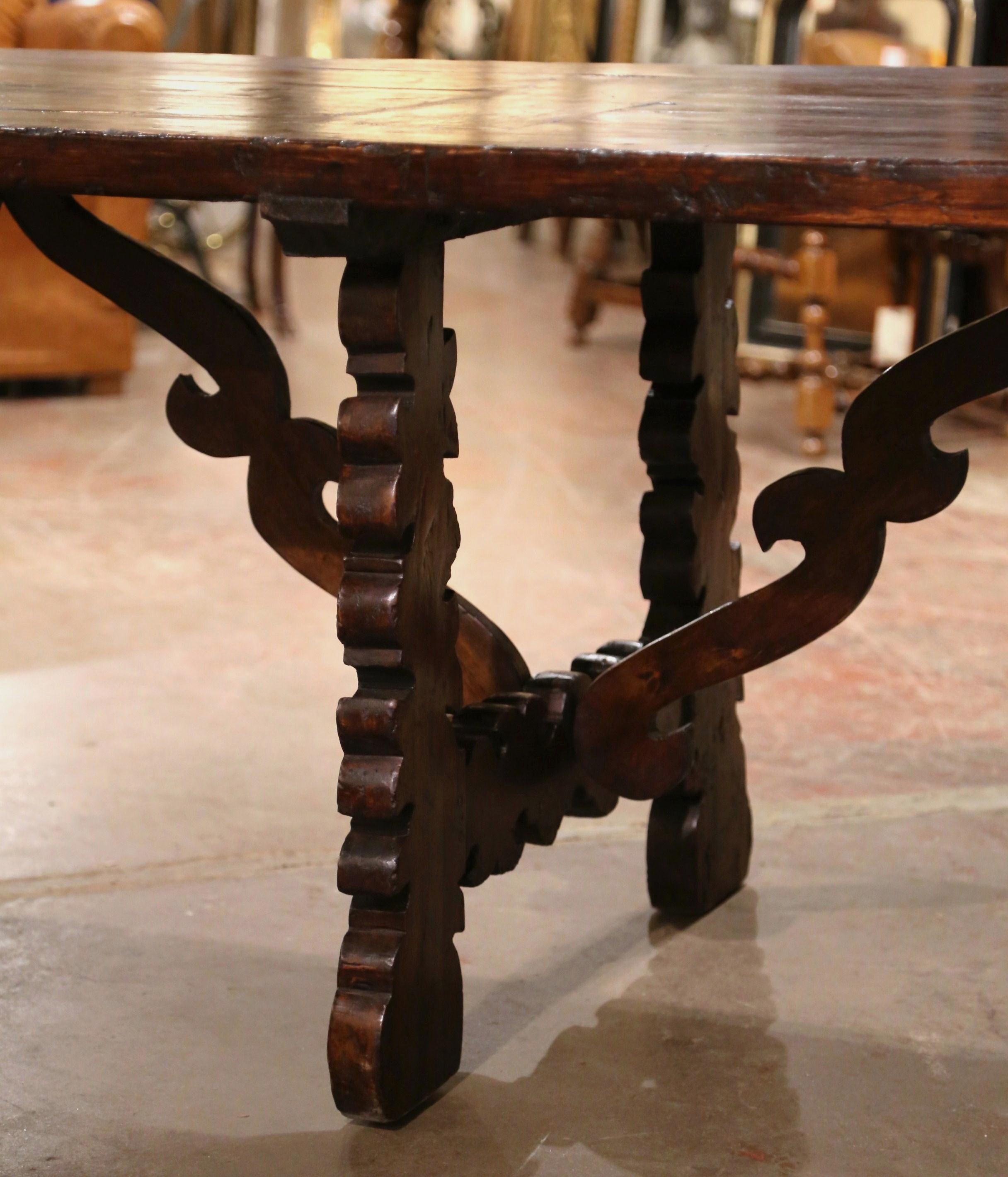19th Century Spanish Carved Walnut Three-Leg Trestle Dining Table with Stretcher 4