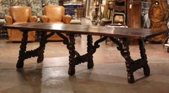 19th Century Spanish Carved Walnut Three-Leg Trestle Dining Table with Stretcher
