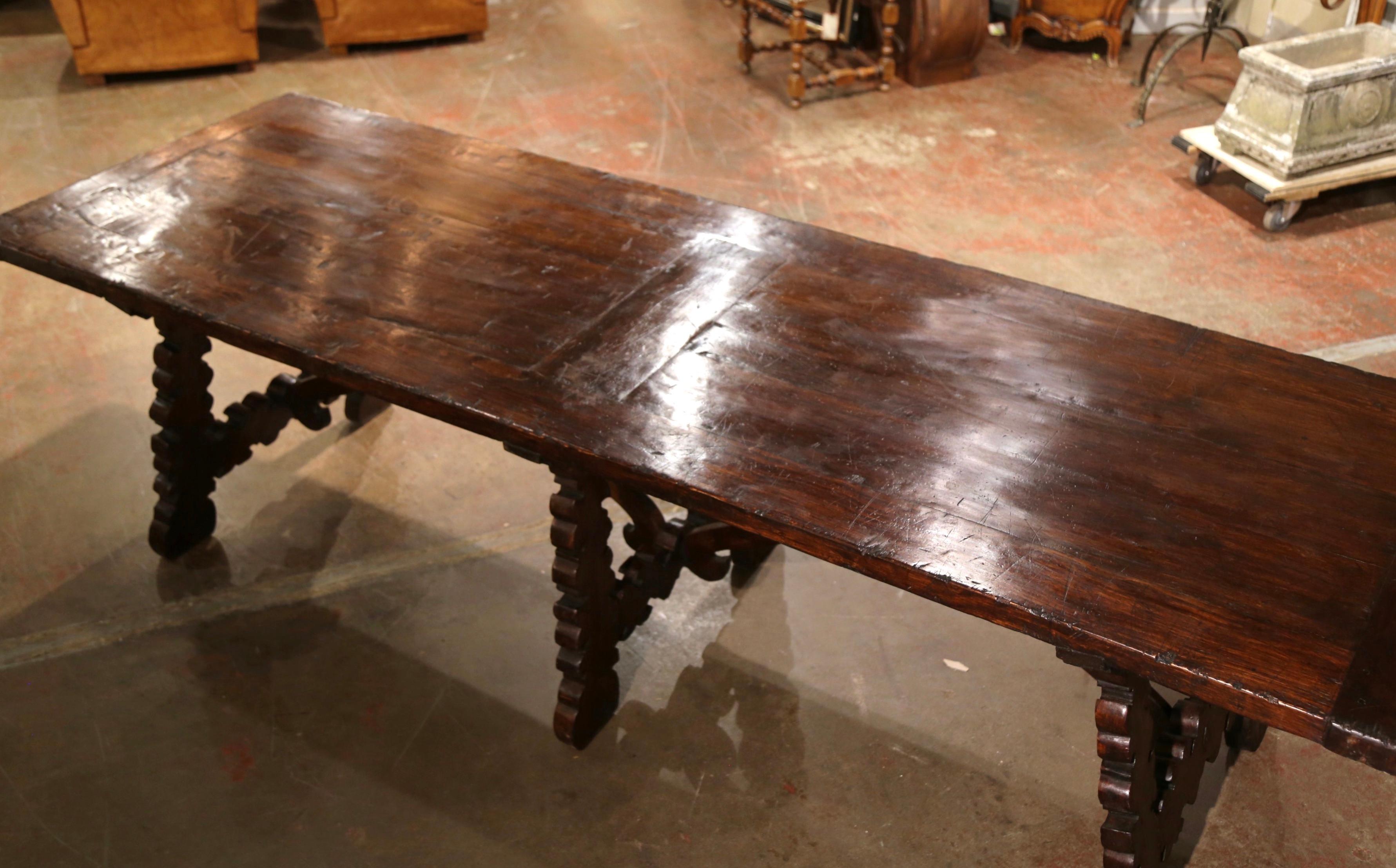 Louis XIII 19th Century Spanish Carved Walnut Three-Leg Trestle Dining Table with Stretcher