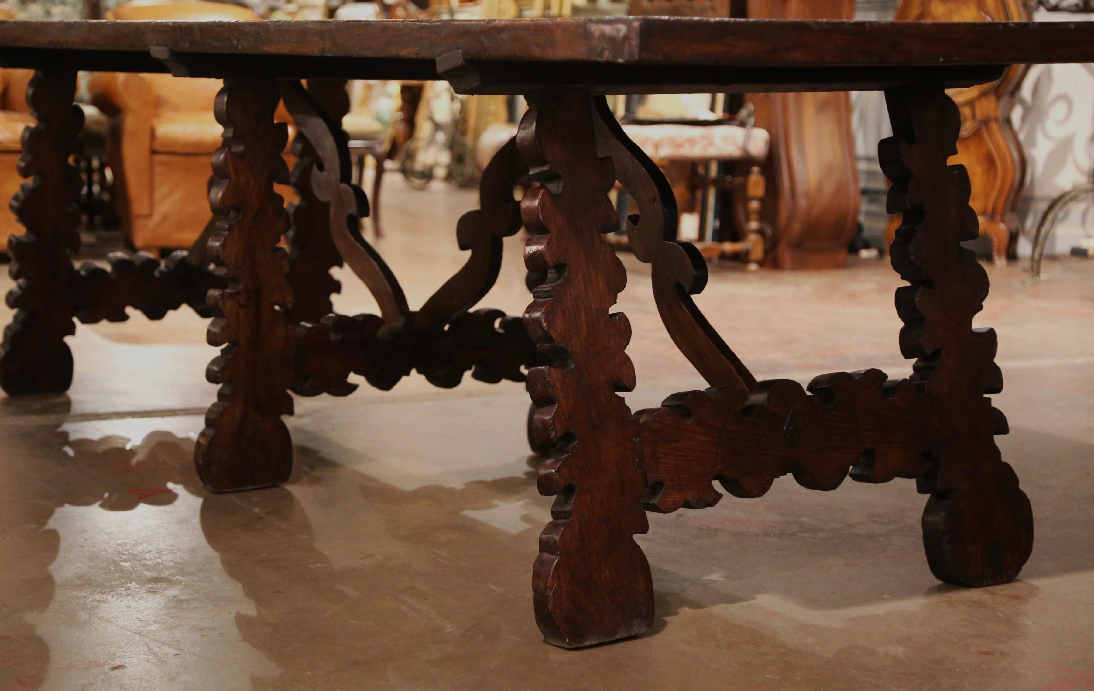 Italian 19th Century Spanish Carved Walnut Three-Leg Trestle Dining Table with Stretcher