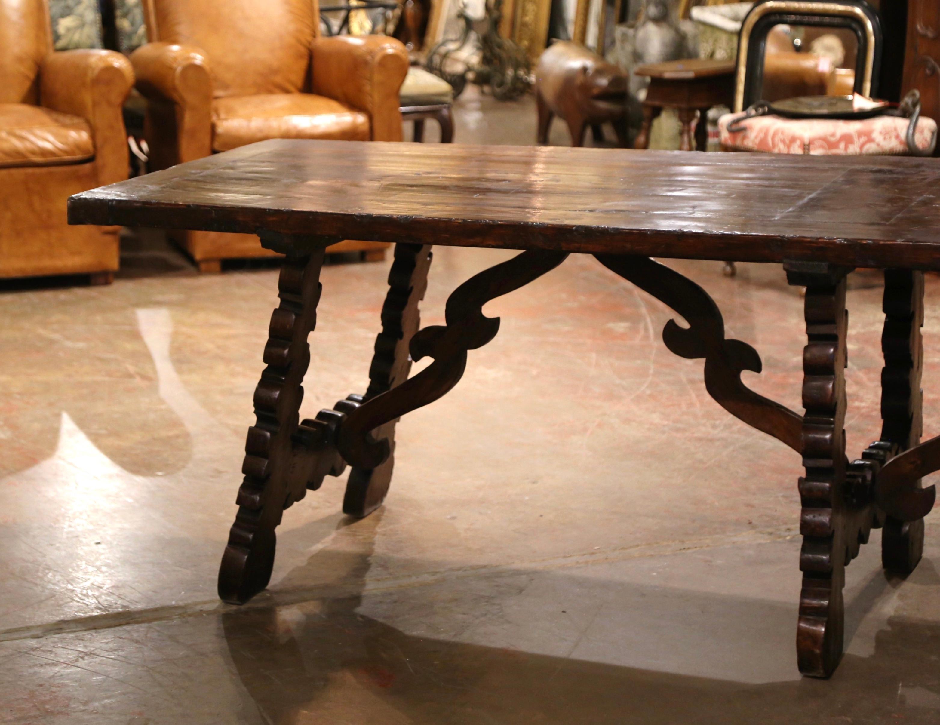 Hand-Carved 19th Century Spanish Carved Walnut Three-Leg Trestle Dining Table with Stretcher