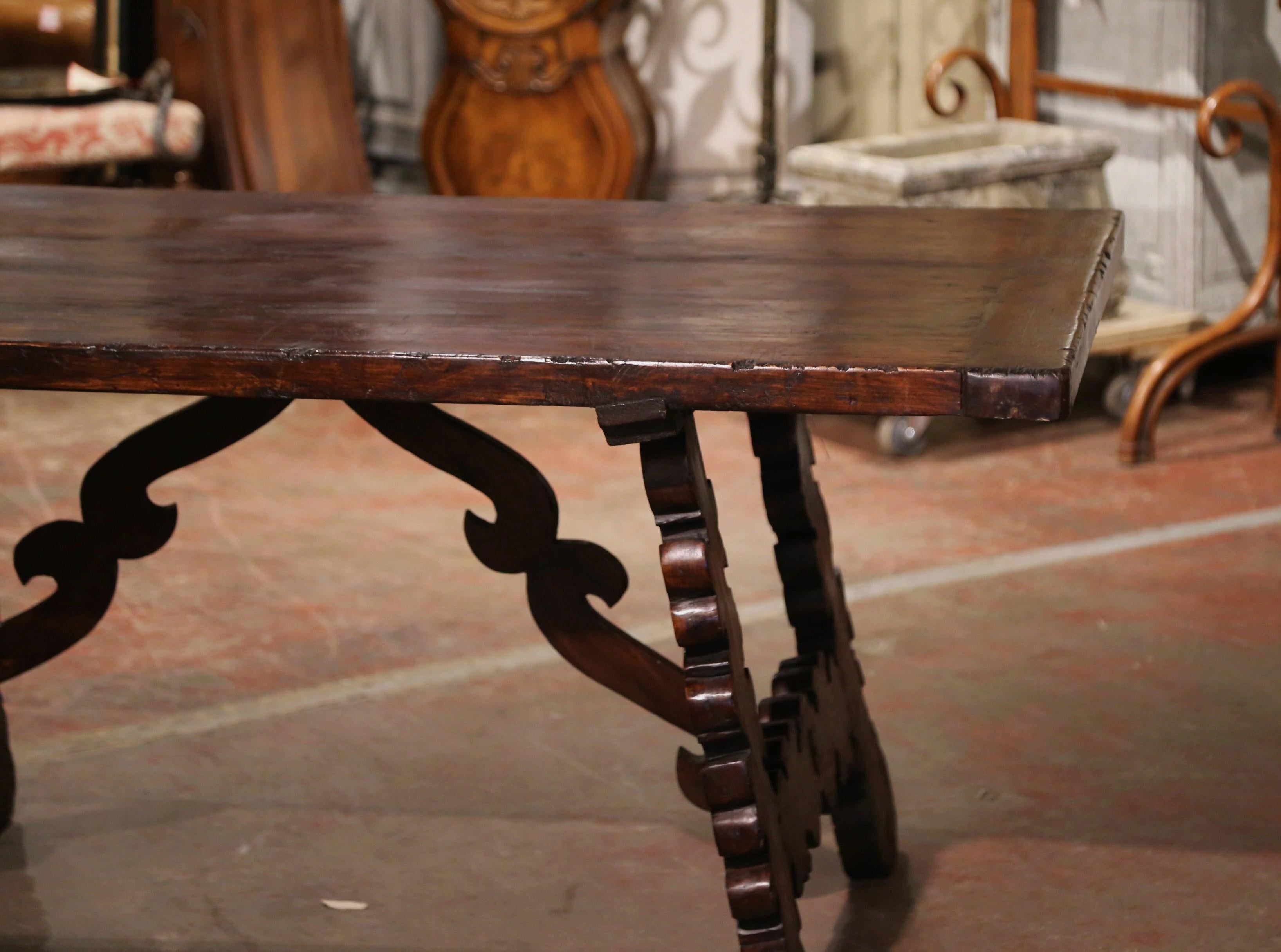 19th Century Spanish Carved Walnut Three-Leg Trestle Dining Table with Stretcher In Excellent Condition In Dallas, TX