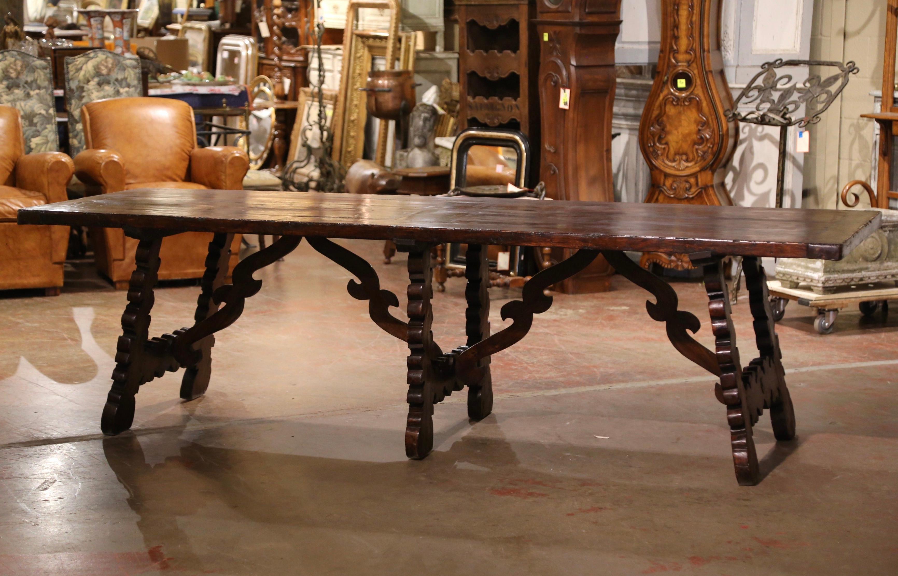 19th Century Spanish Carved Walnut Three-Leg Trestle Dining Table with Stretcher 1