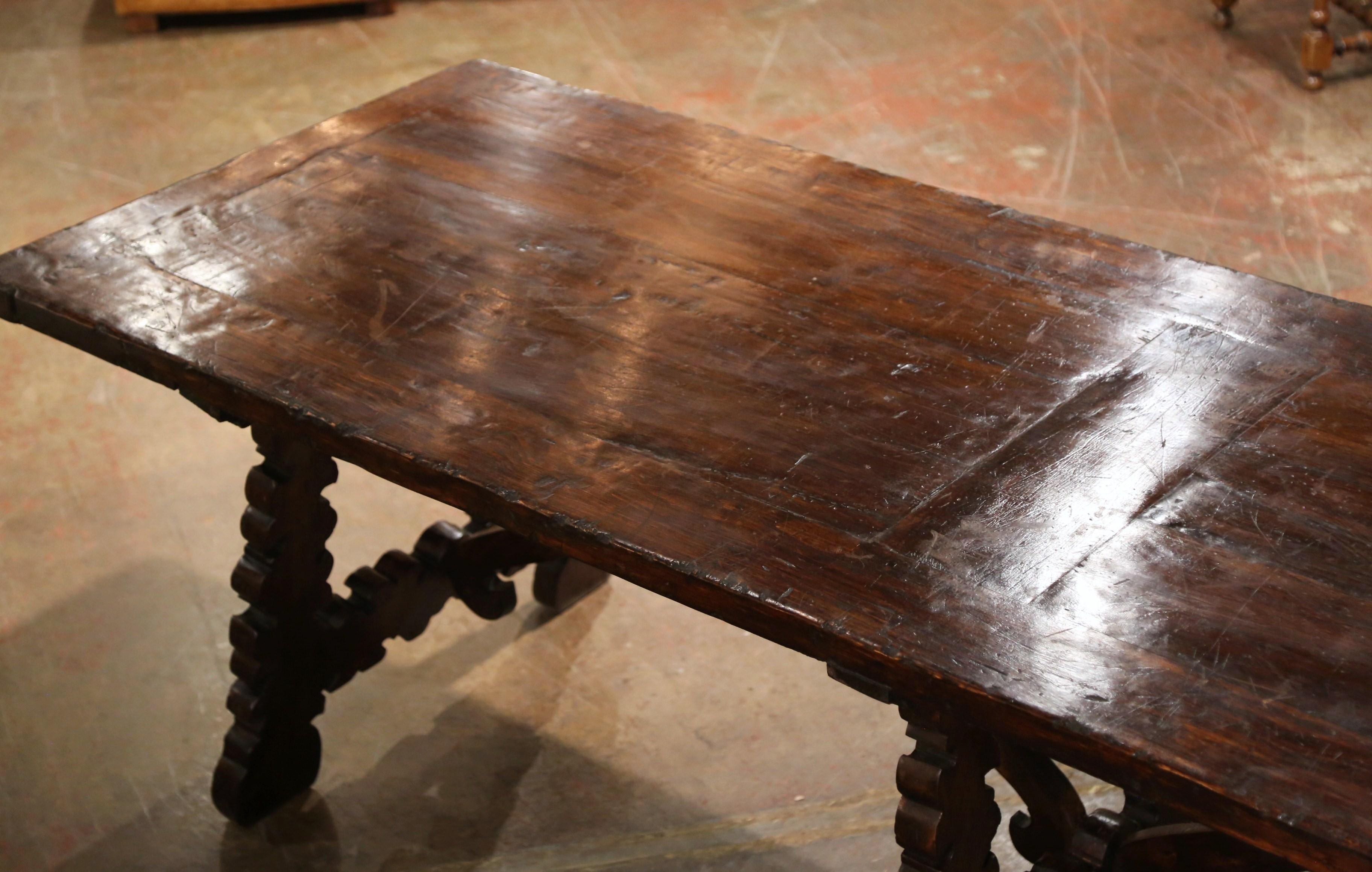 19th Century Spanish Carved Walnut Three-Leg Trestle Dining Table with Stretcher 2