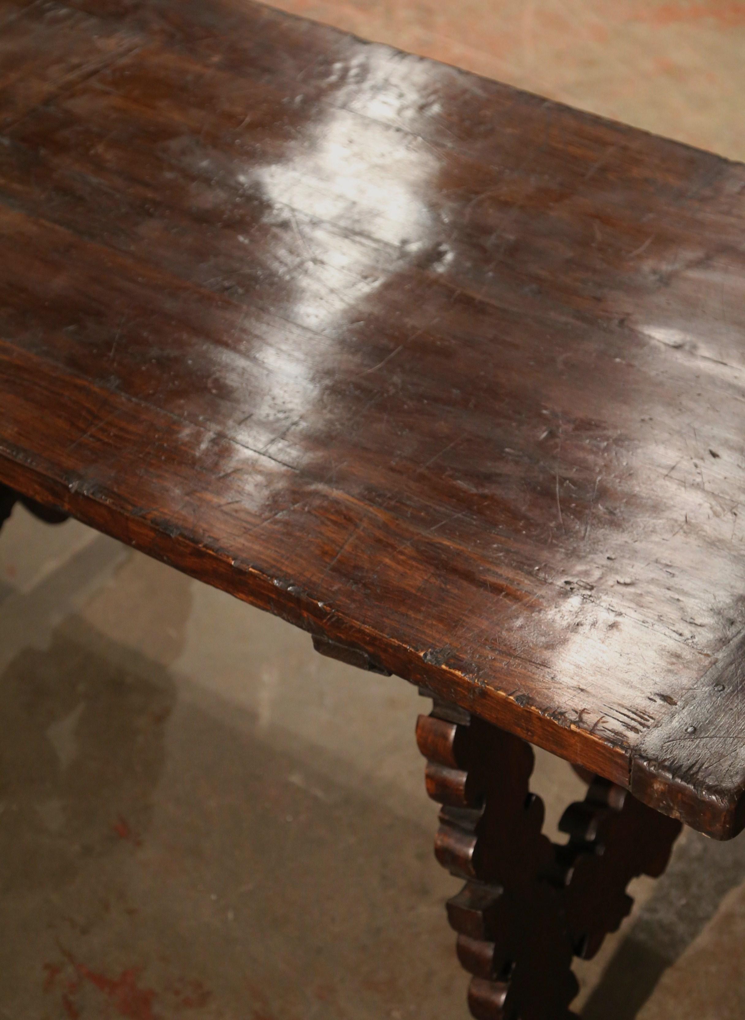 19th Century Spanish Carved Walnut Three-Leg Trestle Dining Table with Stretcher 3