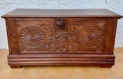 19th Century Spanish Carved Wooden Chest with Geometric and Floral Motifs
