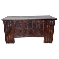 19th Century Spanish Carved Wooden Chest with Geometric Motifs