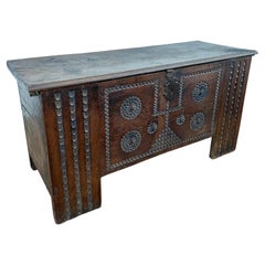 19th Century Spanish Carved Wooden Chest with Geometric Motifs