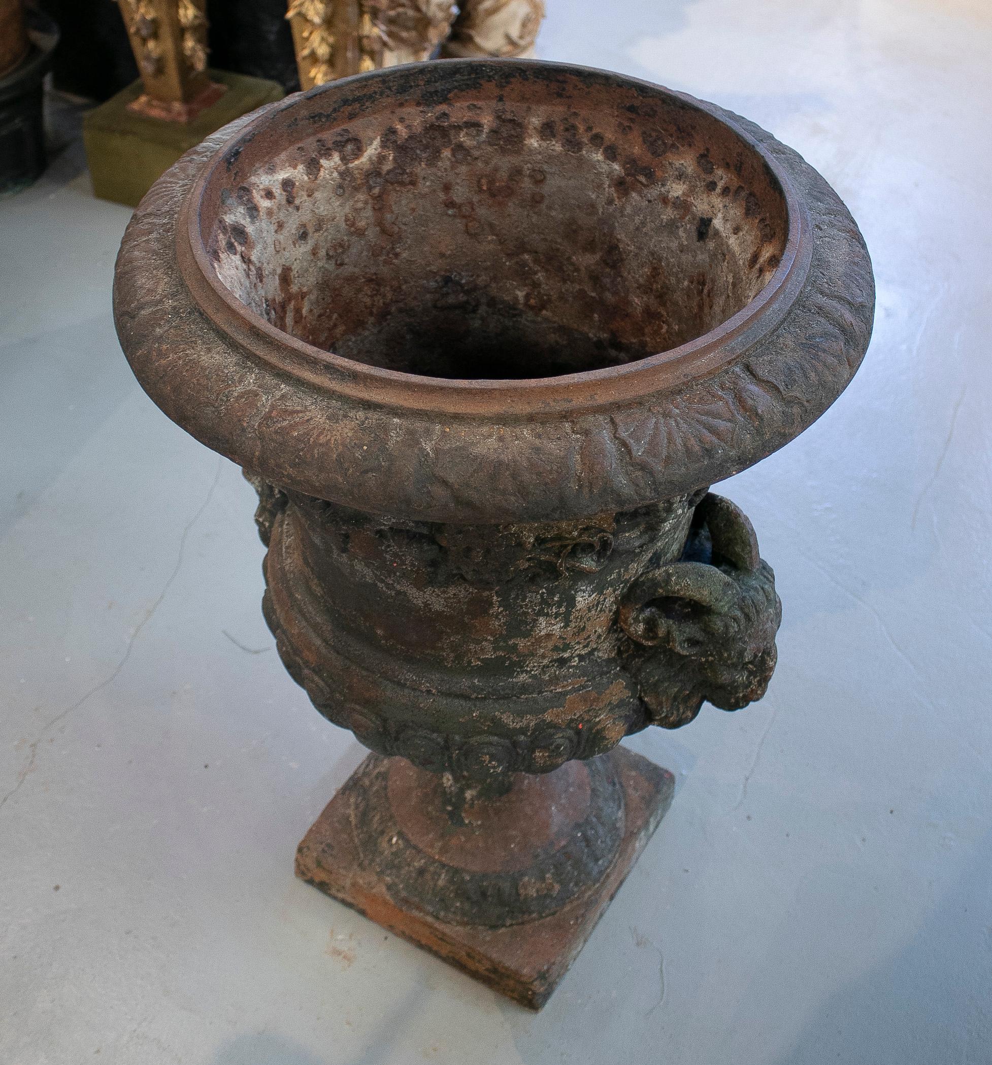 19th Century Spanish Cast Iron Painted Garden Urn Planter w/ Goat Heads In Good Condition For Sale In Marbella, ES