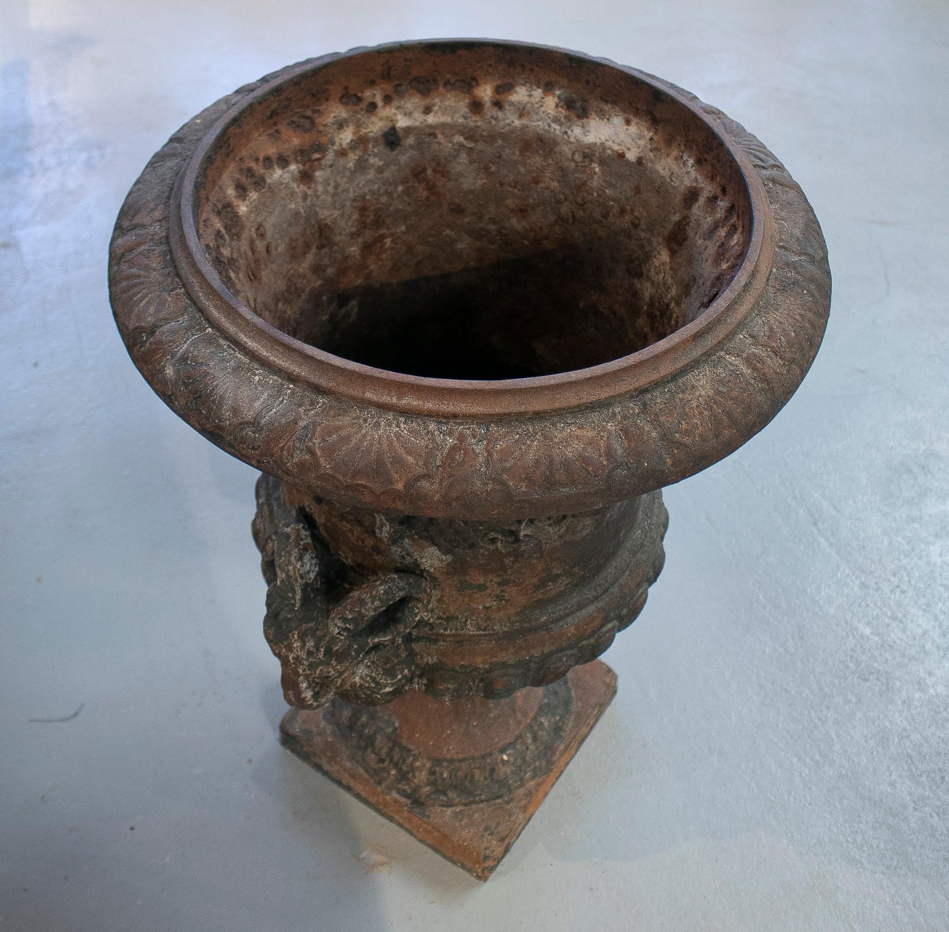19th Century Spanish Cast Iron Painted Garden Urn Planter w/ Goat Heads For Sale 1