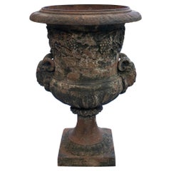 Used 19th Century Spanish Cast Iron Painted Garden Urn Planter w/ Goat Heads