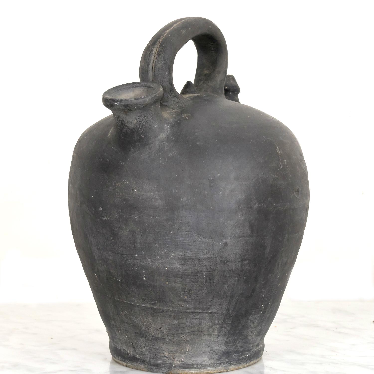 Pottery 19th Century Spanish Catalan Black Clay Botijo or Water Jug from Verdu