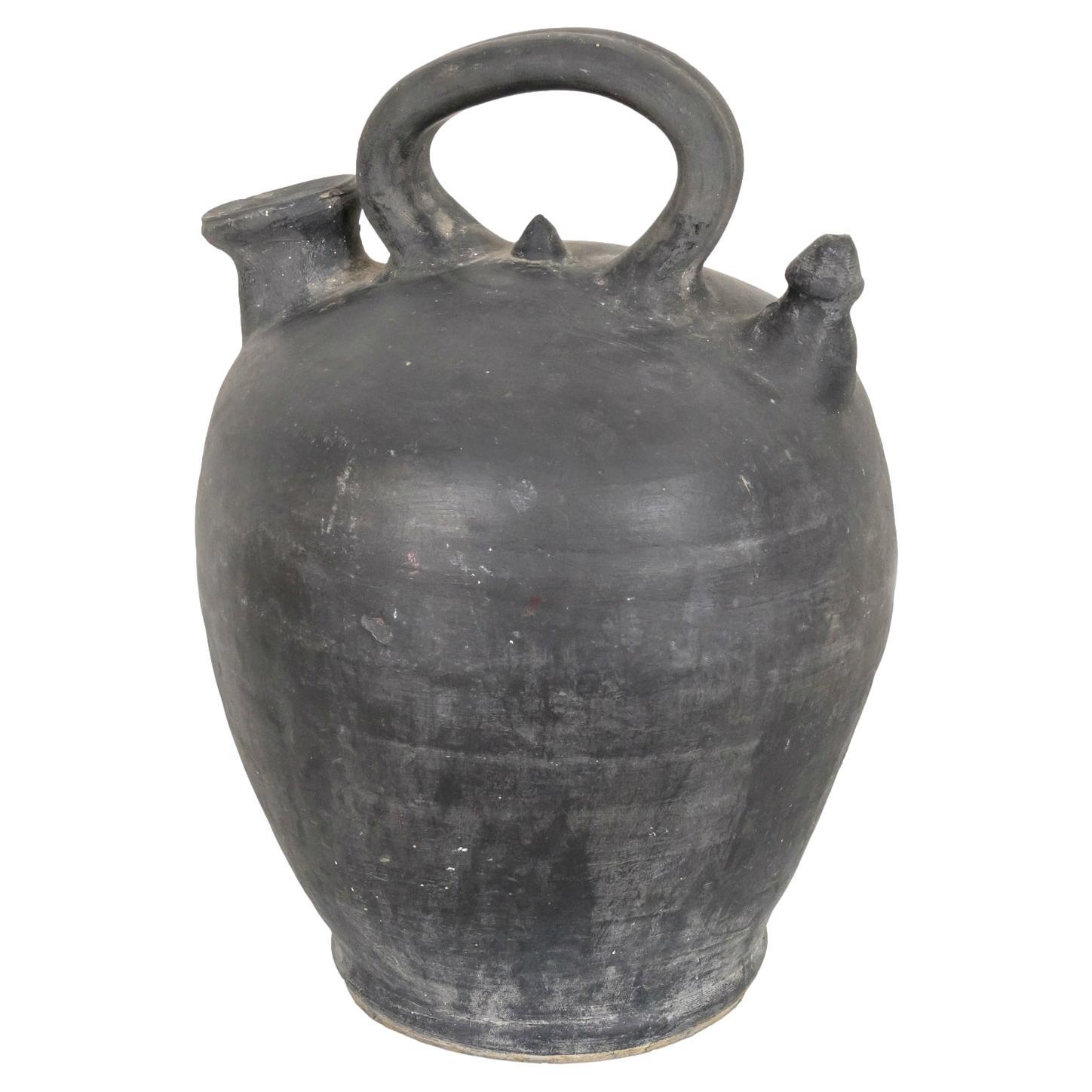 19th Century Spanish Catalan Black Clay Botijo or Water Jug from Verdu