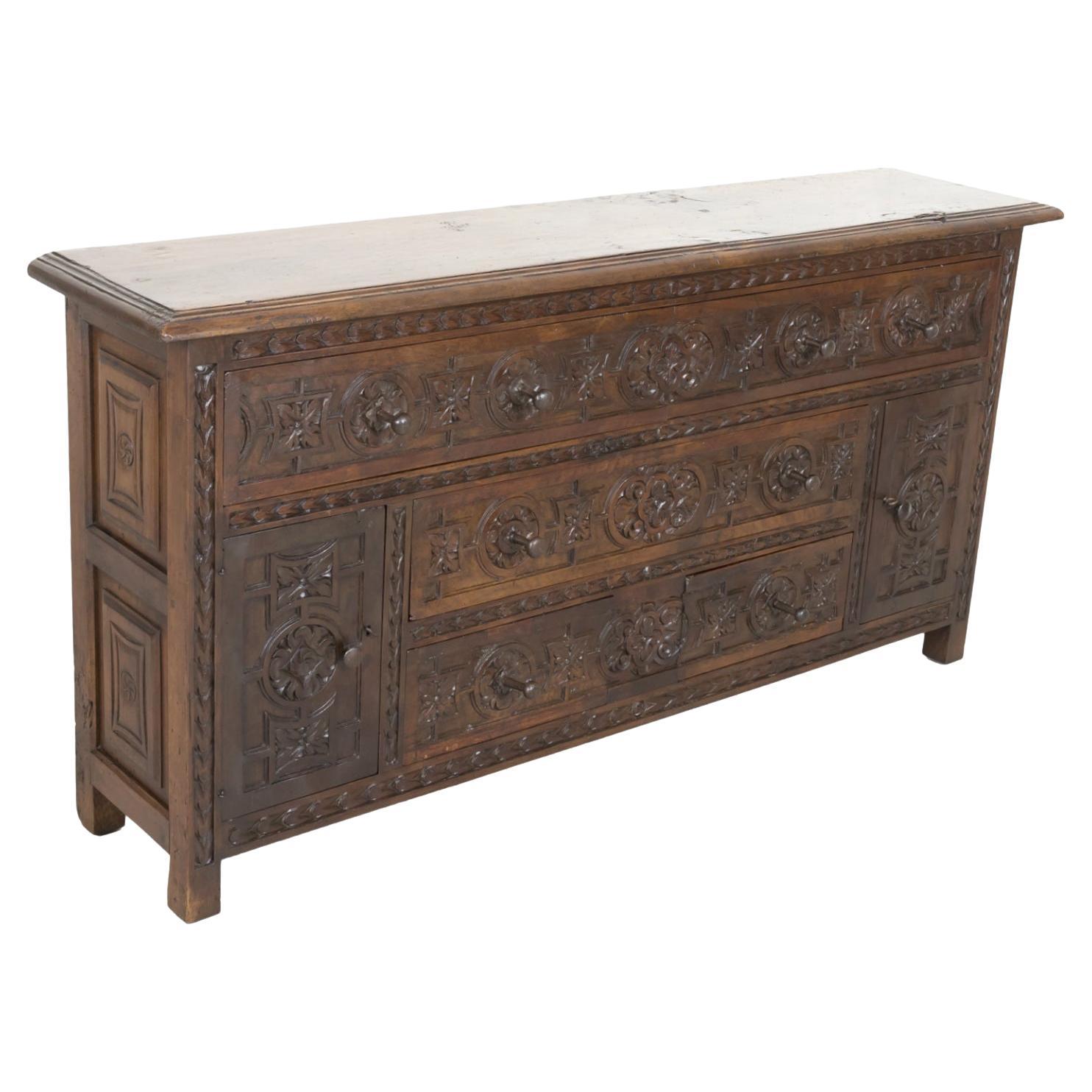 19th Century Spanish Catalan Carved Walnut Sacristy Chest