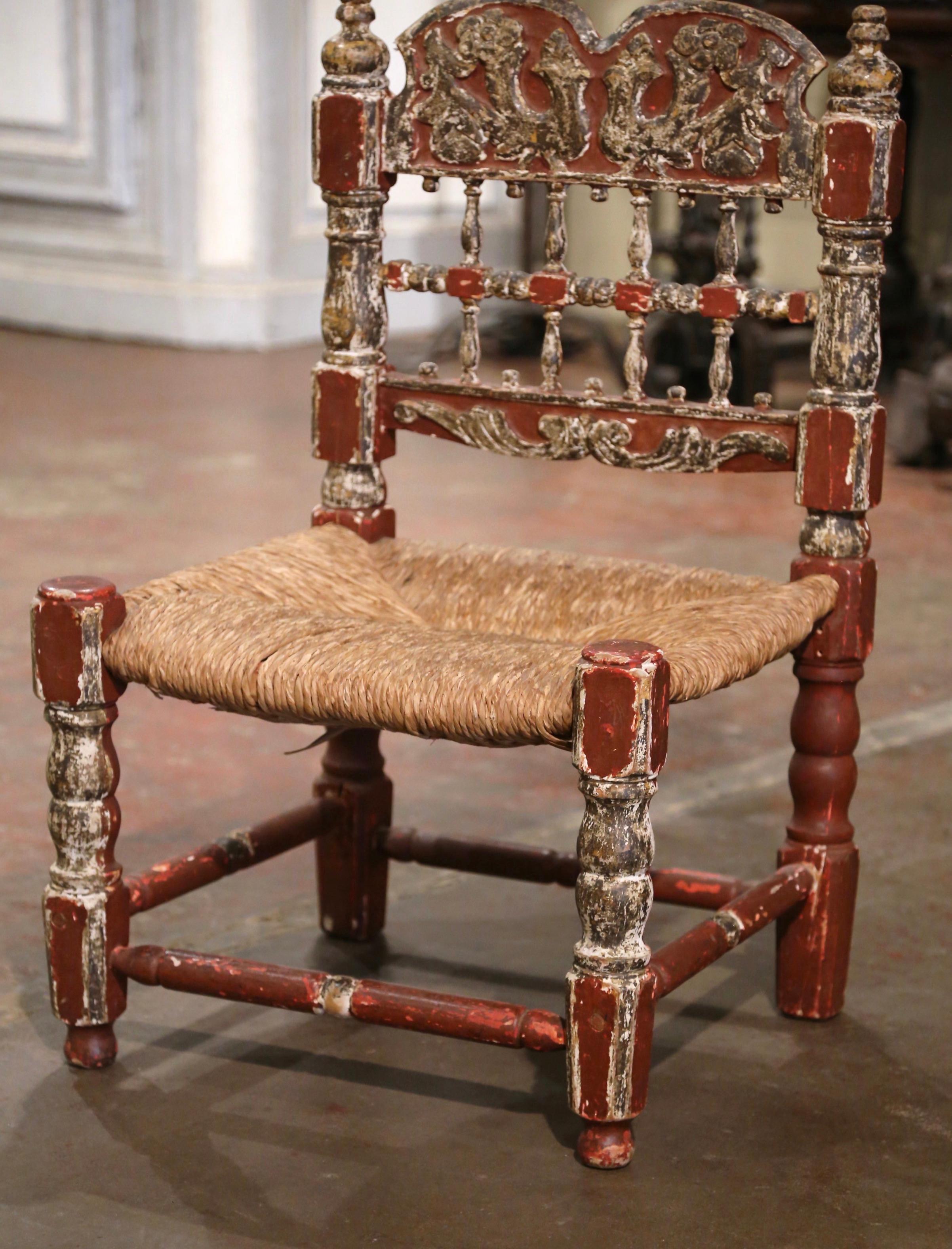 Spanish Colonial 19th Century Spanish Catalan Painted Oak and Rush Seat Low Chair  For Sale