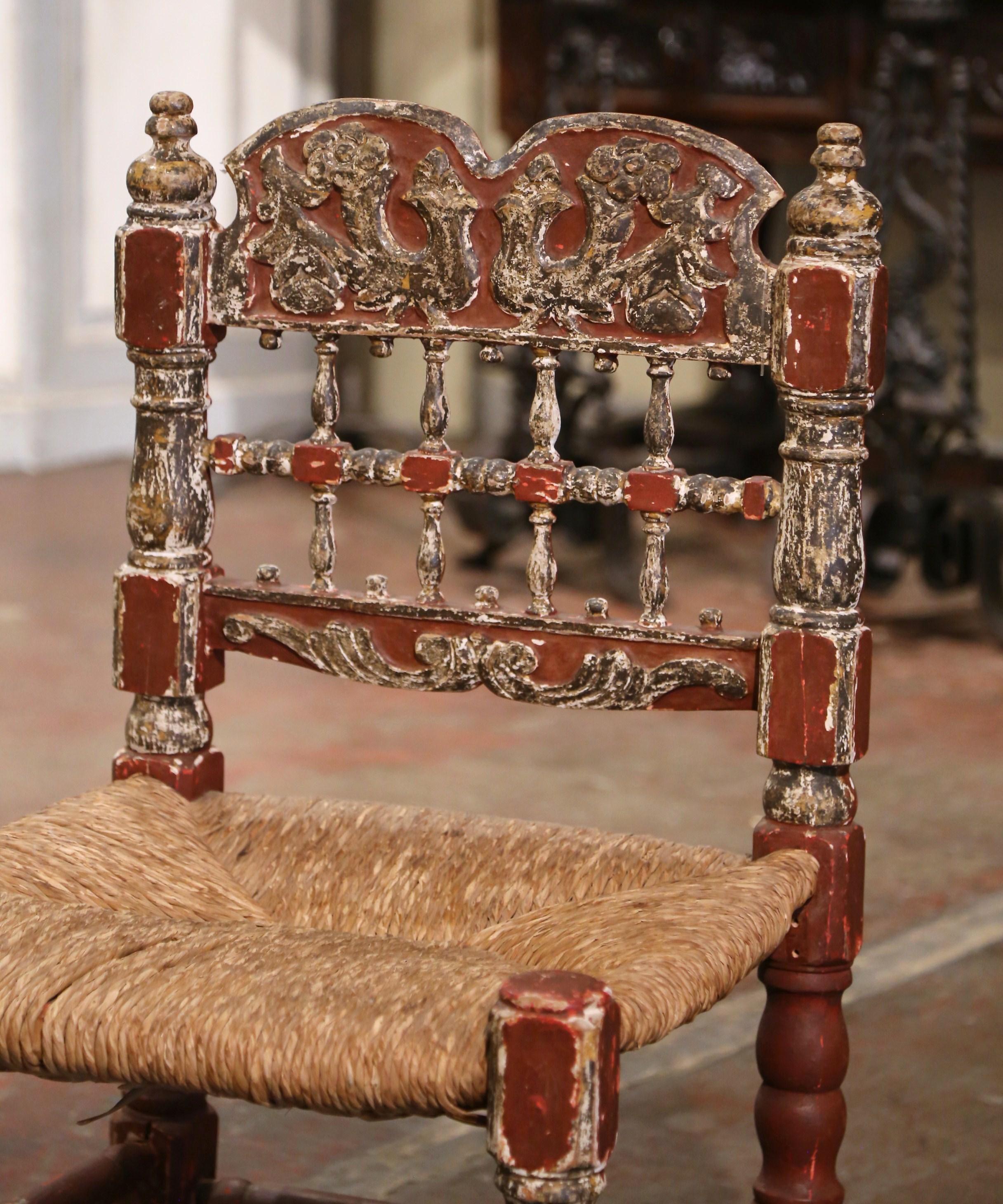 Hand-Carved 19th Century Spanish Catalan Painted Oak and Rush Seat Low Chair  For Sale