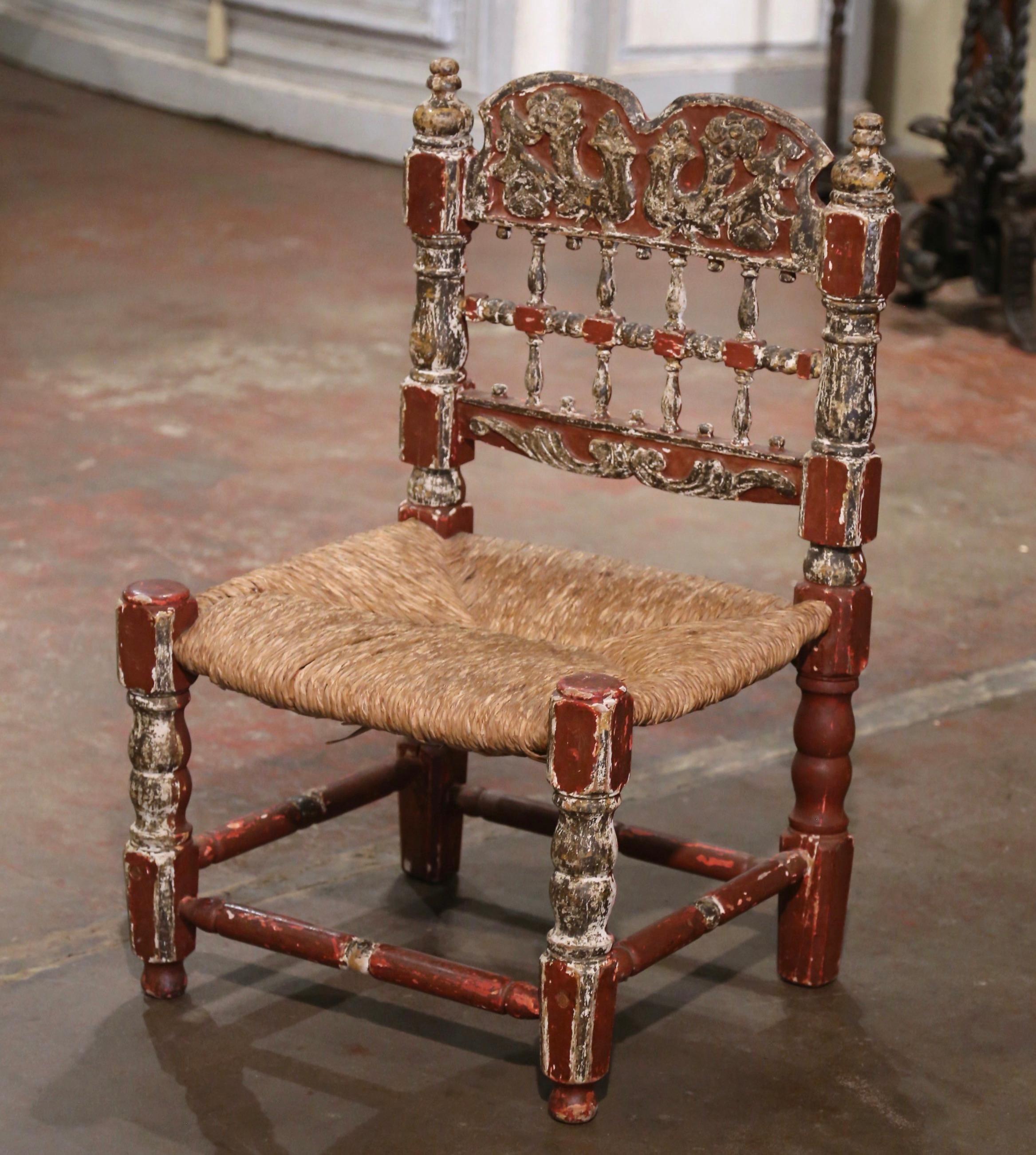 19th Century Spanish Catalan Painted Oak and Rush Seat Low Chair In Excellent Condition For Sale In Dallas, TX