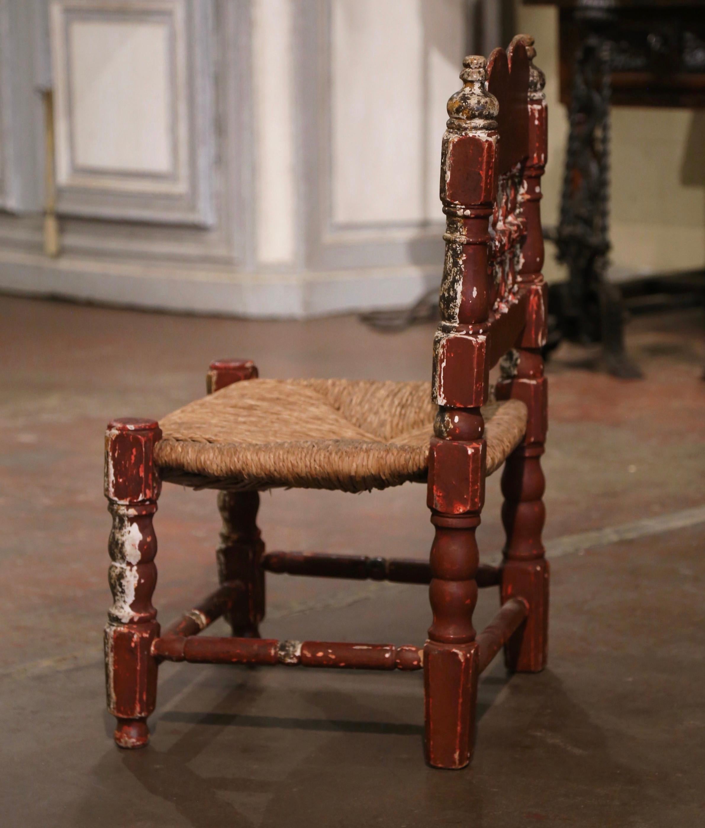 19th Century Spanish Catalan Painted Oak and Rush Seat Low Chair  For Sale 1
